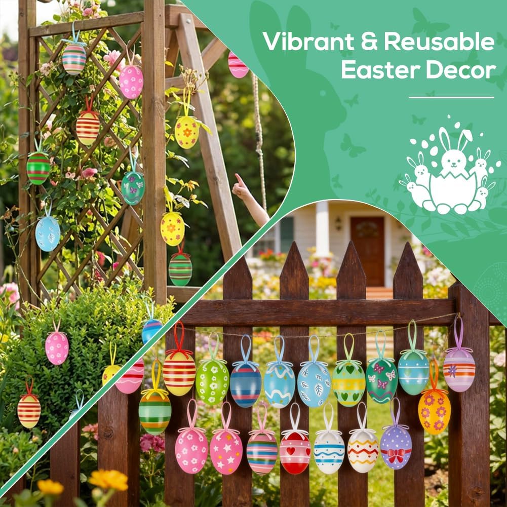 24PCS Hanging Easter Eggs – Reusable Plastic Easter Egg Decorations for Tree Ornaments
