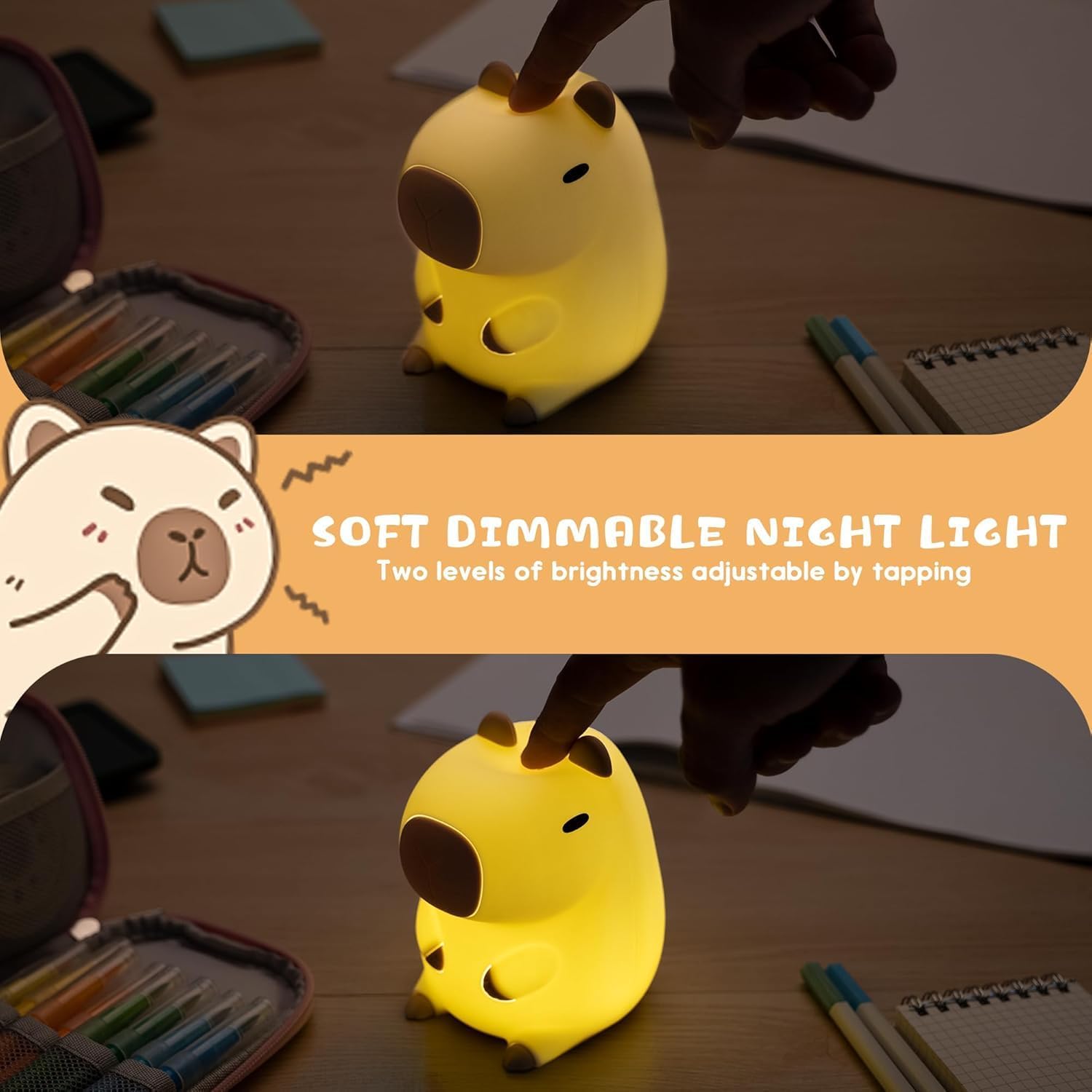 Capybara Night Light White Elephant Gifts - Rechargeable Silicone Touch Lamp