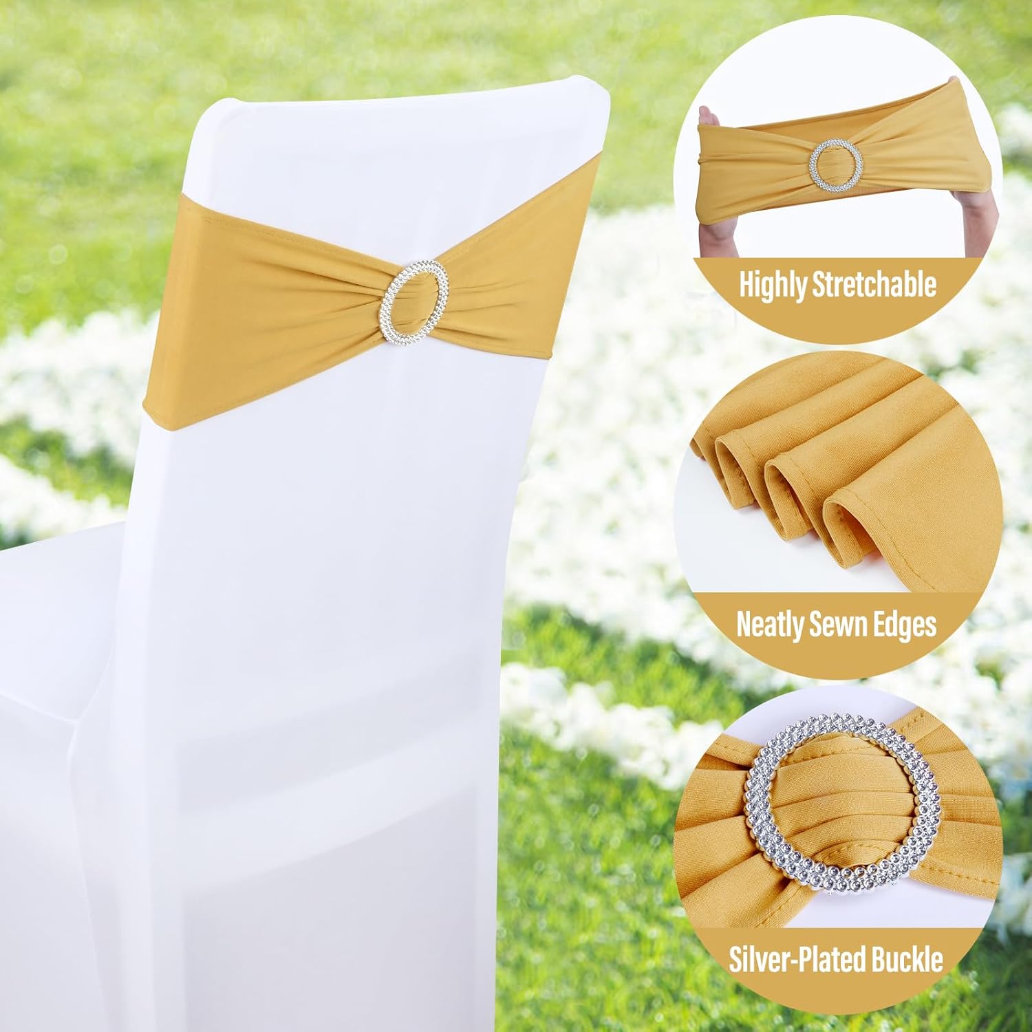 Gold Spandex Chair Sashes - 30pc Premium Stretch Chair Bows with Sliders for Wedding Party Banquet Decoration