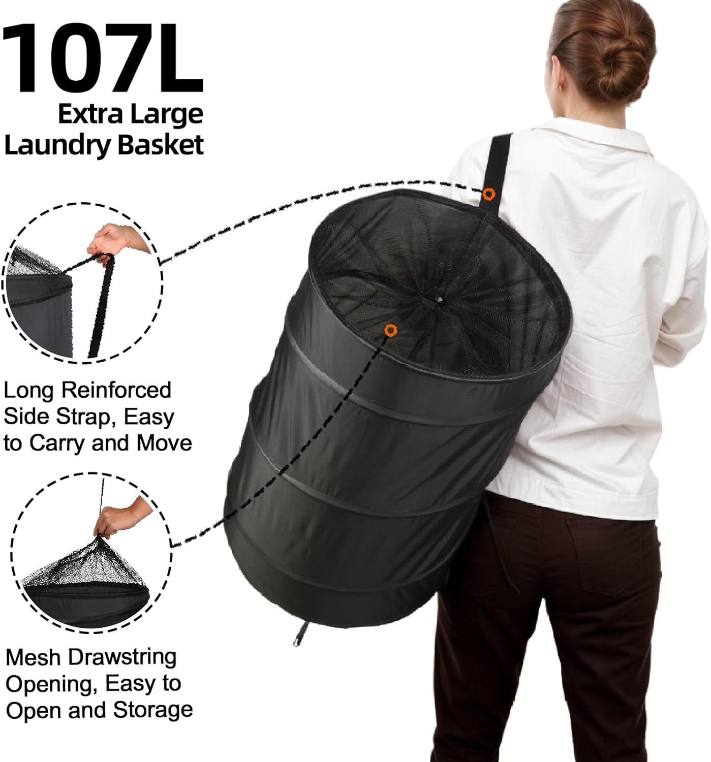 Extra Large 107L Strong Laundry Hamper 17.5" x 27" Collapsible Laundry Baskets with Long Straps Drawstring Barrel Foldable Hamper for Laundry Room