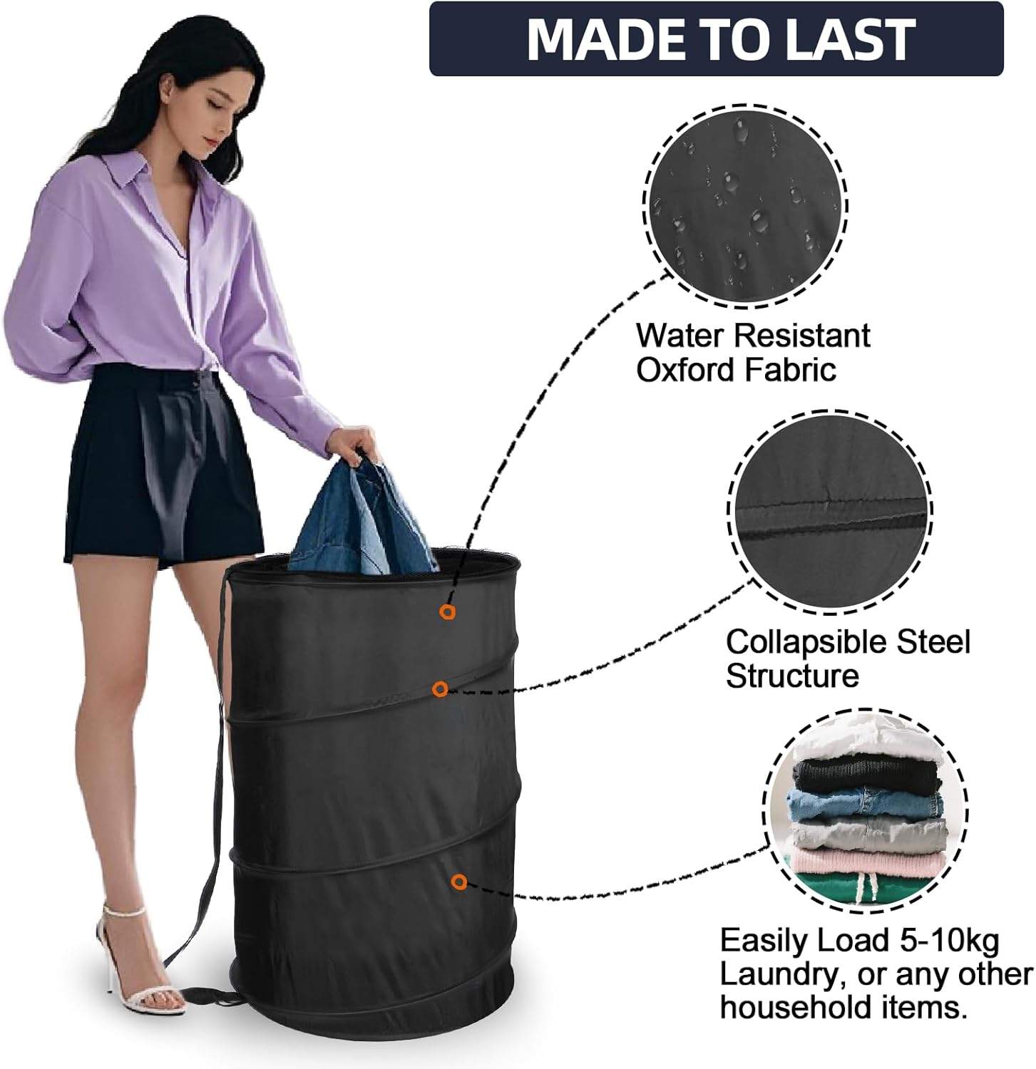 Extra Large 107L Strong Laundry Hamper 17.5" x 27" Collapsible Laundry Baskets with Long Straps Drawstring Barrel Foldable Hamper for Laundry Room