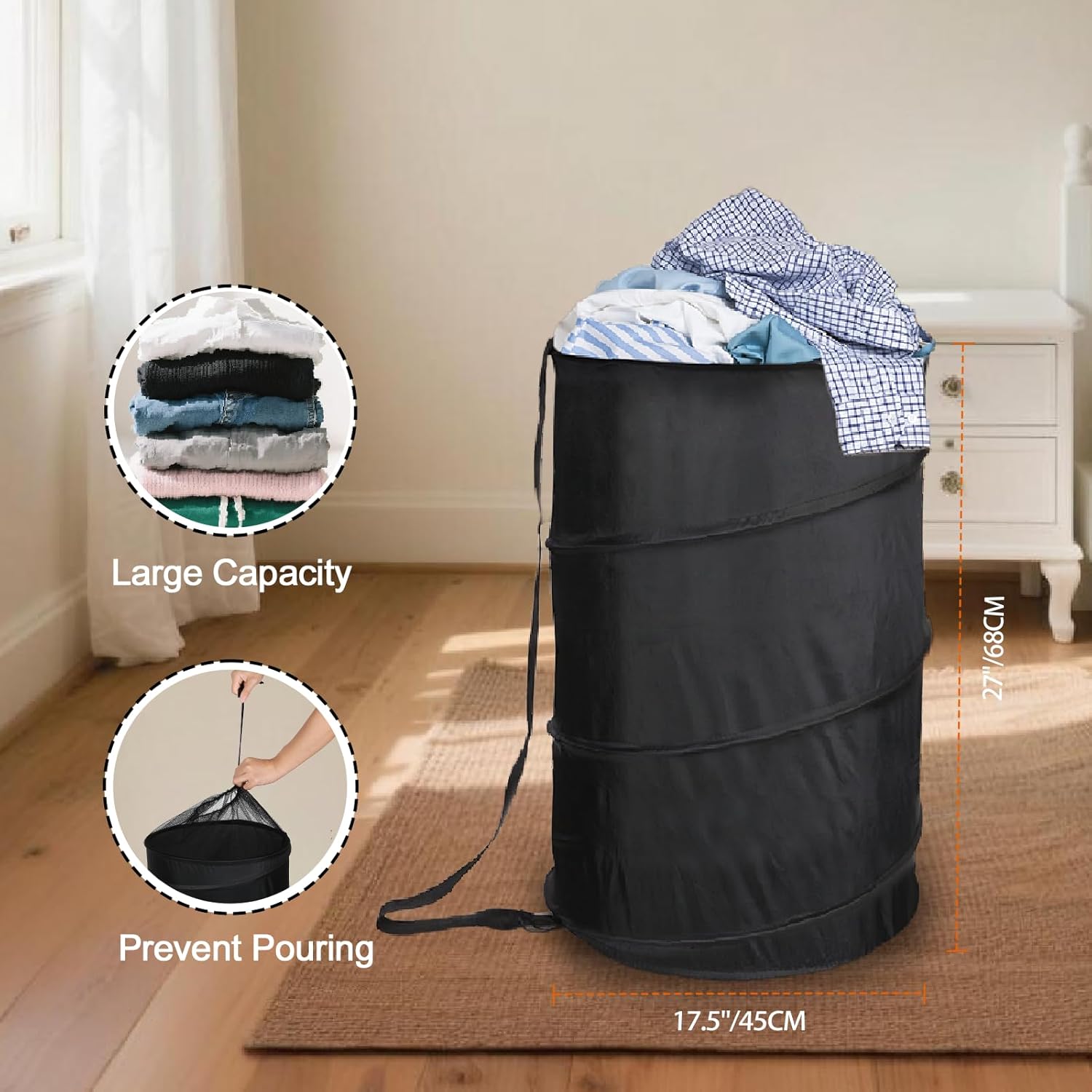 Extra Large 107L Strong Laundry Hamper 17.5" x 27" Collapsible Laundry Baskets with Long Straps Drawstring Barrel Foldable Hamper for Laundry Room