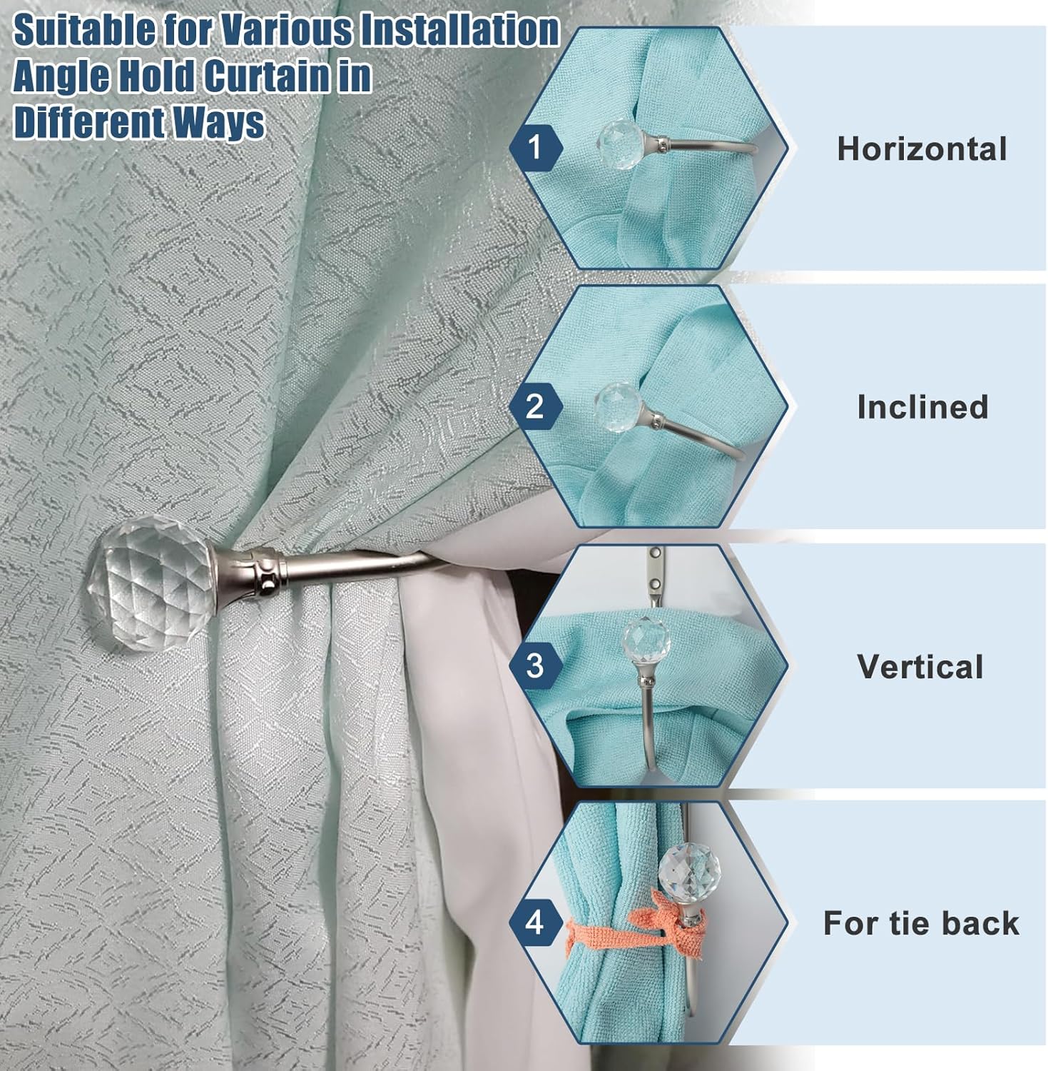 Curtain Holdbacks Silver Wall Mounted Curtain Holders Window Drapery Tiebacks with Clear Crystal Ball Quality Metal Curtain Tiebacks Curtain Hooks with Screws for Drapes