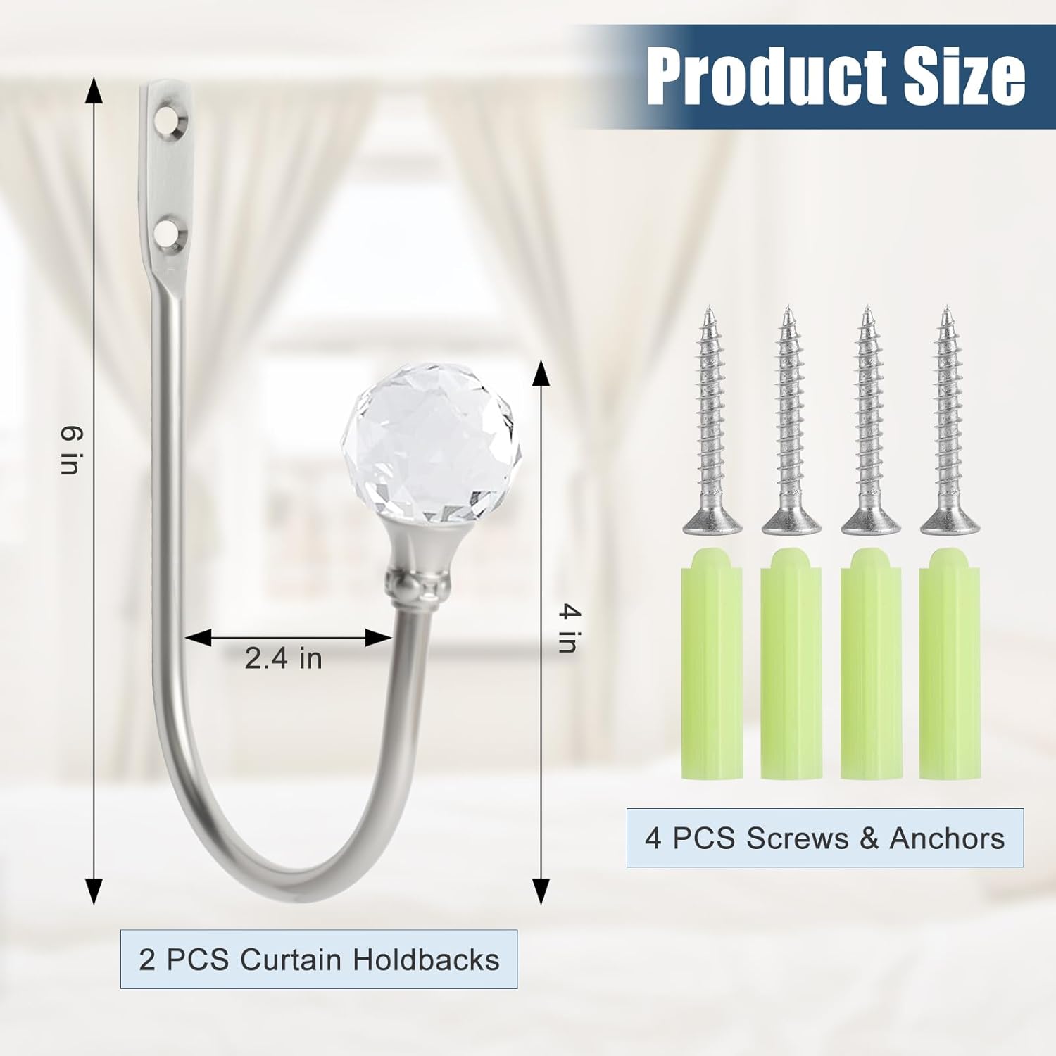 Curtain Holdbacks Silver Wall Mounted Curtain Holders Window Drapery Tiebacks with Clear Crystal Ball Quality Metal Curtain Tiebacks Curtain Hooks with Screws for Drapes