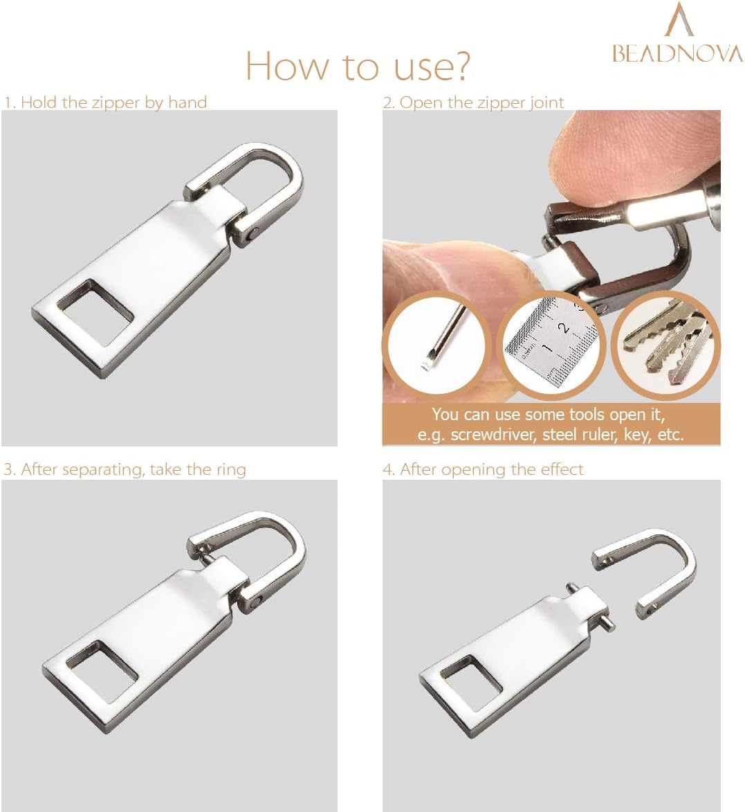 Zipper Pull Replacement Repair Metal Zipper Pull Tab for Luggage Suitcase Backpack Jacket Bags Coat Boots (Gun Black and Silver Color Assorted