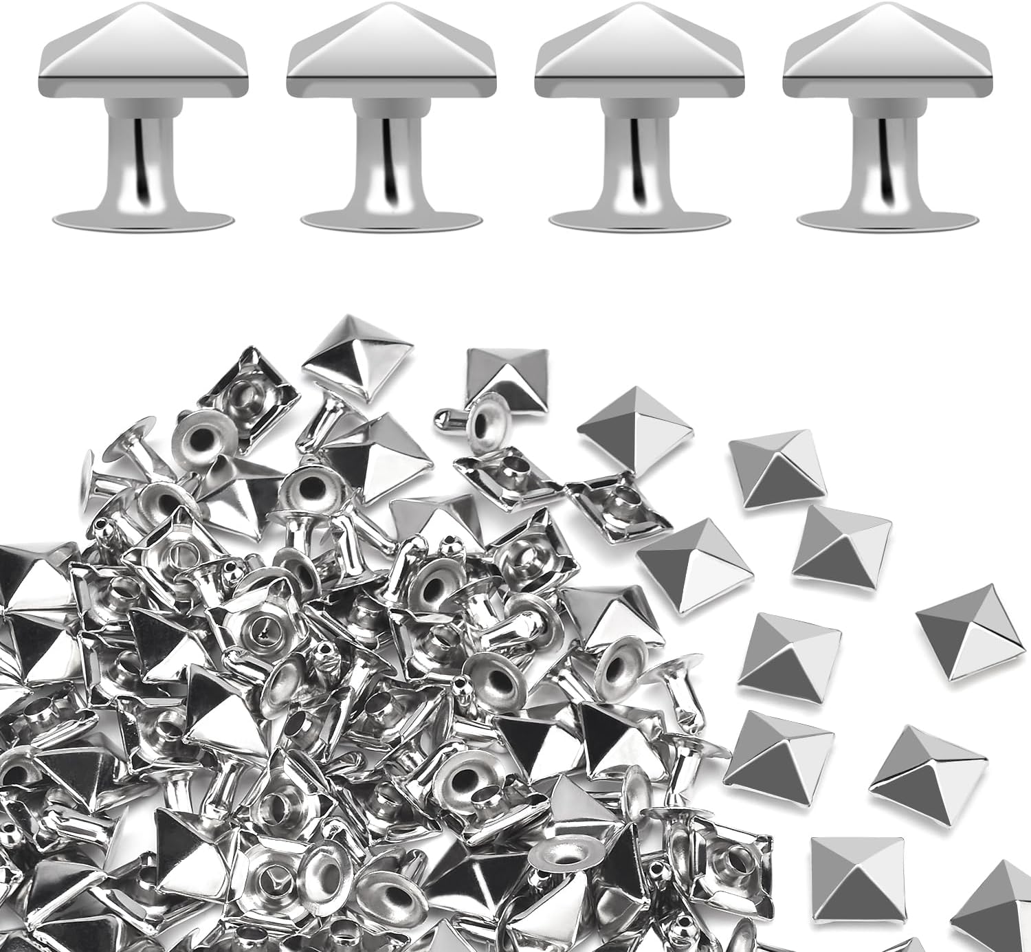 100 Sets 10mm Square Leather Rivets, Metal Pyramid Spike Studs Rivet for Leather Wrists Boots Clothing Pet Collars Belt Bags Punk Bracelets Key Fob DIY Repair and Decoration (Silver)