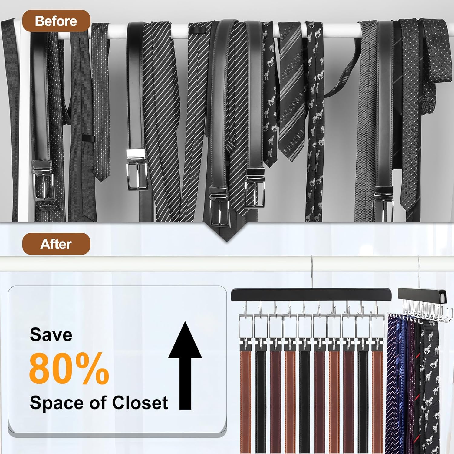 TOPIA HANGER 20 Hooks 2 in 1 Belt Tie Hanger for Closet Max 30 Belts with 30 Ties Capacity