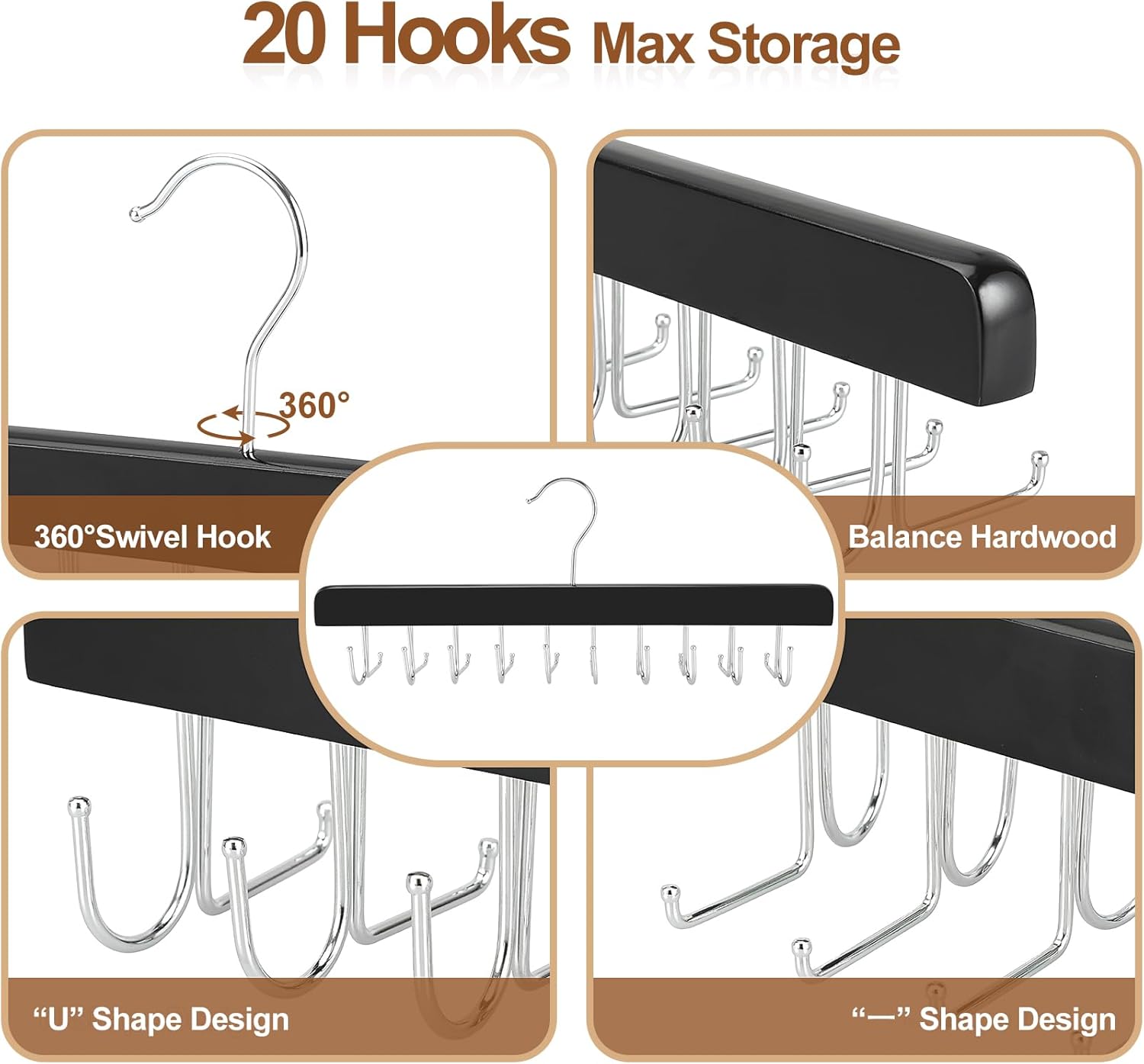 TOPIA HANGER 20 Hooks 2 in 1 Belt Tie Hanger for Closet Max 30 Belts with 30 Ties Capacity