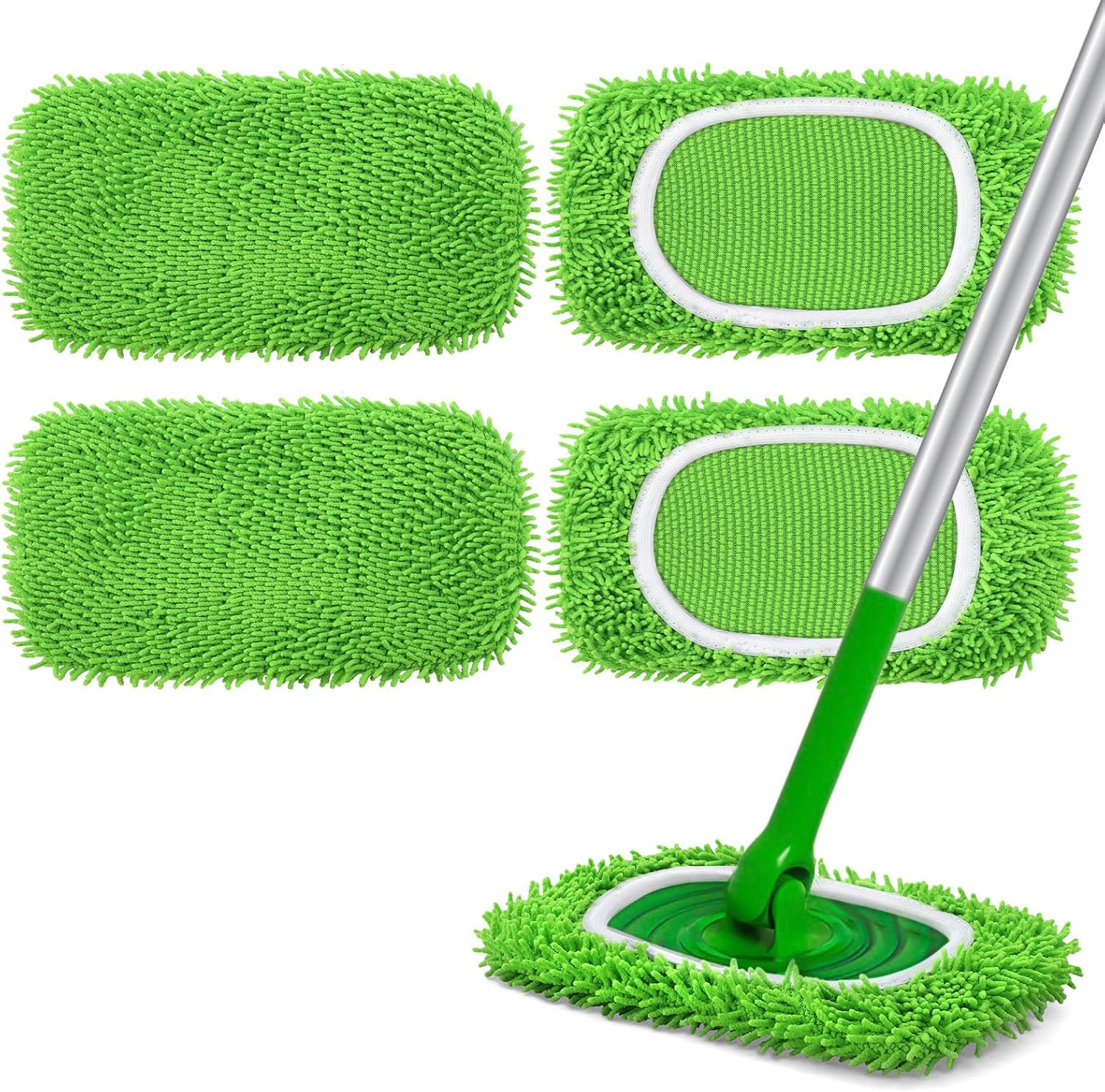 Reusable Microfiber Mop Pads Compatible with Swiffer Sweeper- 4 Pack Dry Sweeping Cloths & Wet Mopping Cloths - Chenille Washable Wet Pads Refill for Mopping Floors (Mop is not Included)