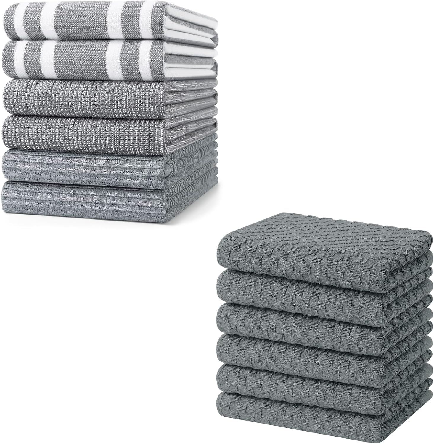 Homaxy Premium Kitchen Towels(18”x 28”, 6 Pack, Grey) and Terry Kitchen Towels(15" x 25", 6 Pack, Dark Grey), 380 GSM Reusable Tea Towel with Hanging Loop