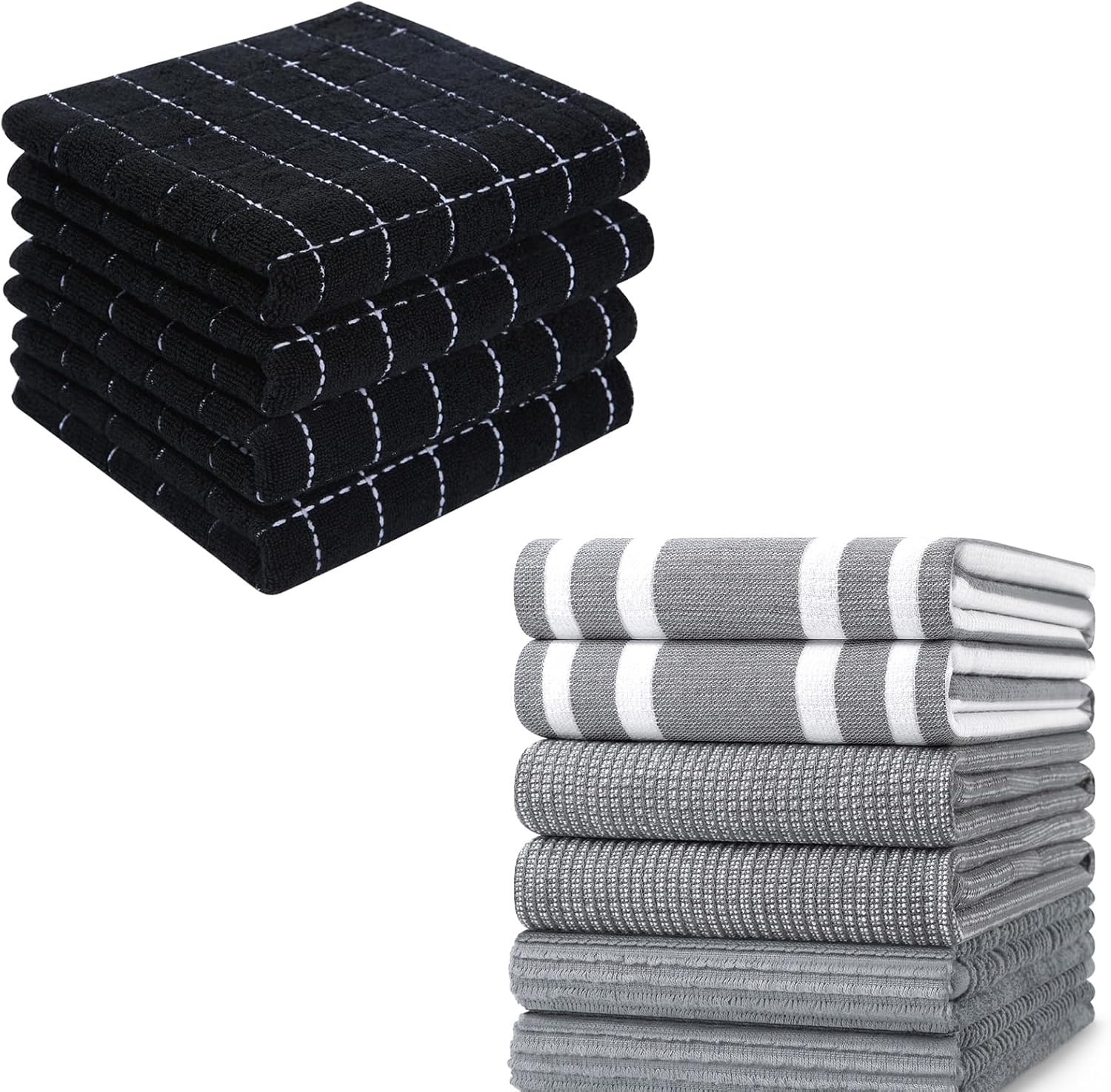 Homaxy 100% Cotton Terry Kitchen Towels(Black, 13 x 28 inches), 4 Pack and Premium Kitchen Towels(18”x 28”, 6 Pack), Grey