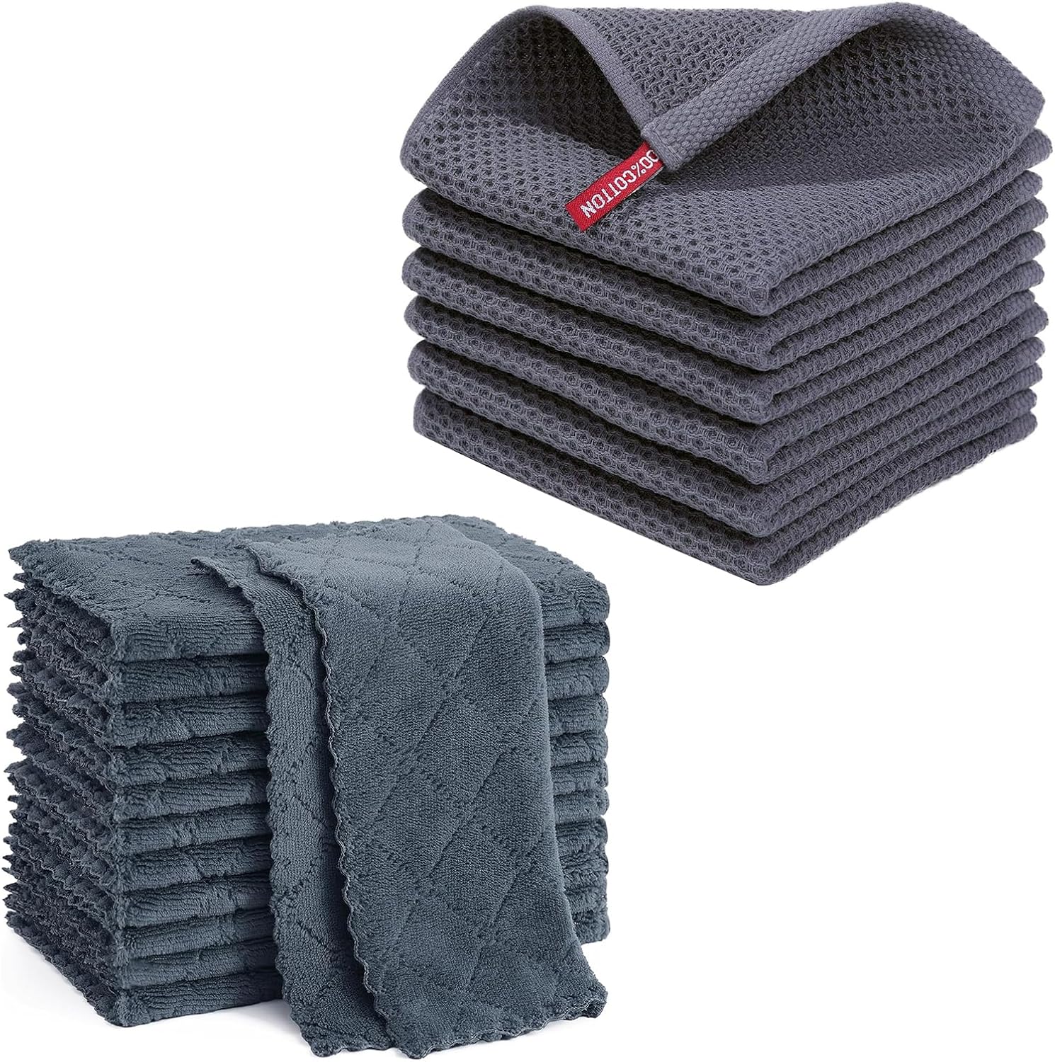 Homaxy 12 Pack Kitchen Coral Velvet Dish Cloths(10 x 10 Inches, Dark Grey) and 100% Cotton Waffle Weave Kitchen Dish Cloths 12x12 Inches 6-Pack Dark Grey