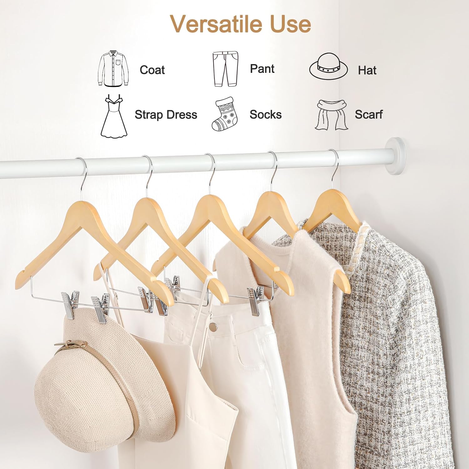 TOPIA HANGER Wooden Hangers with Adjustable Metal Clips and 360° Swivel Hook