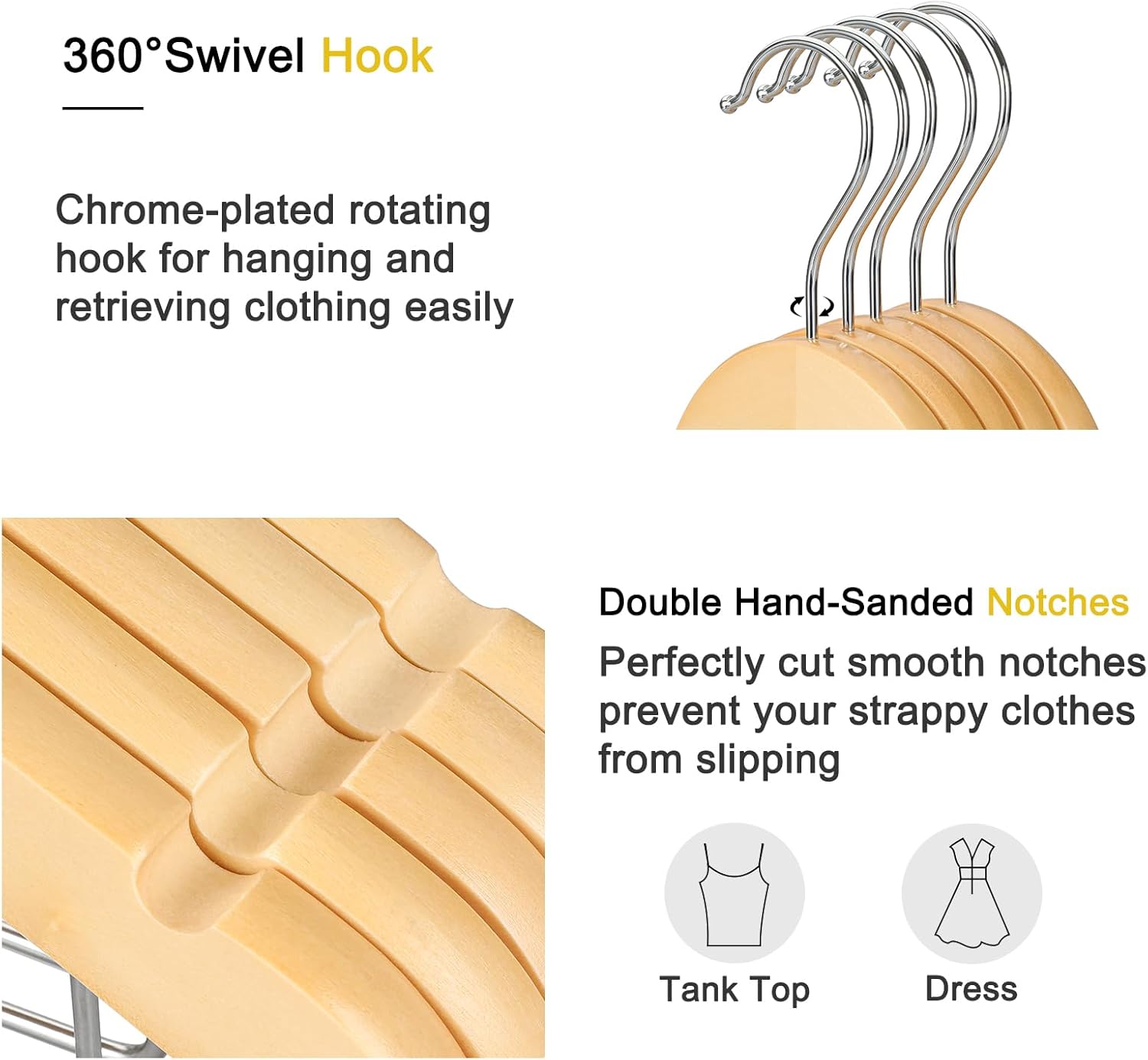 TOPIA HANGER Wooden Hangers with Adjustable Metal Clips and 360° Swivel Hook