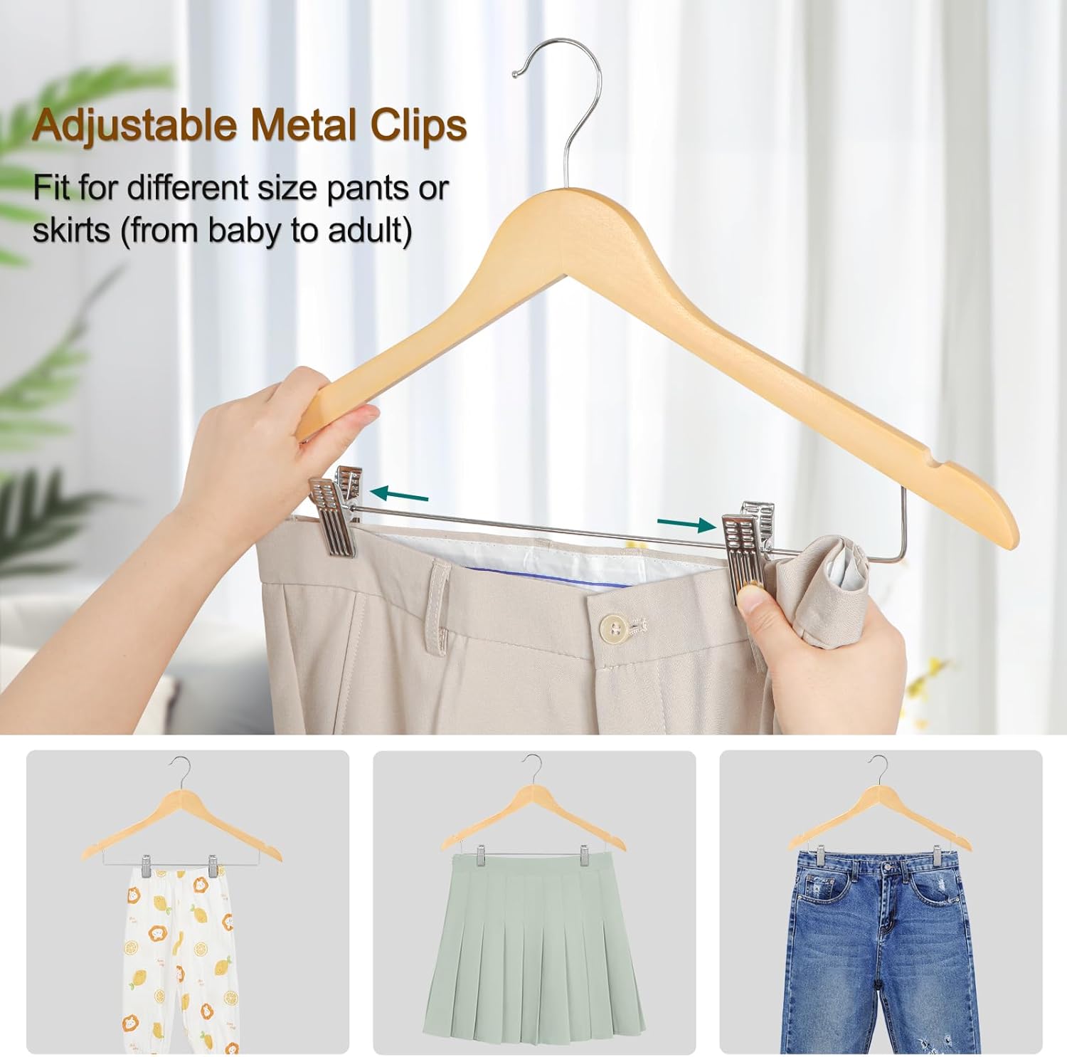 TOPIA HANGER Wooden Hangers with Adjustable Metal Clips and 360° Swivel Hook