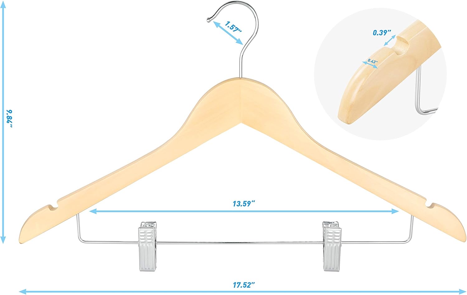 TOPIA HANGER Wooden Hangers with Adjustable Metal Clips and 360° Swivel Hook