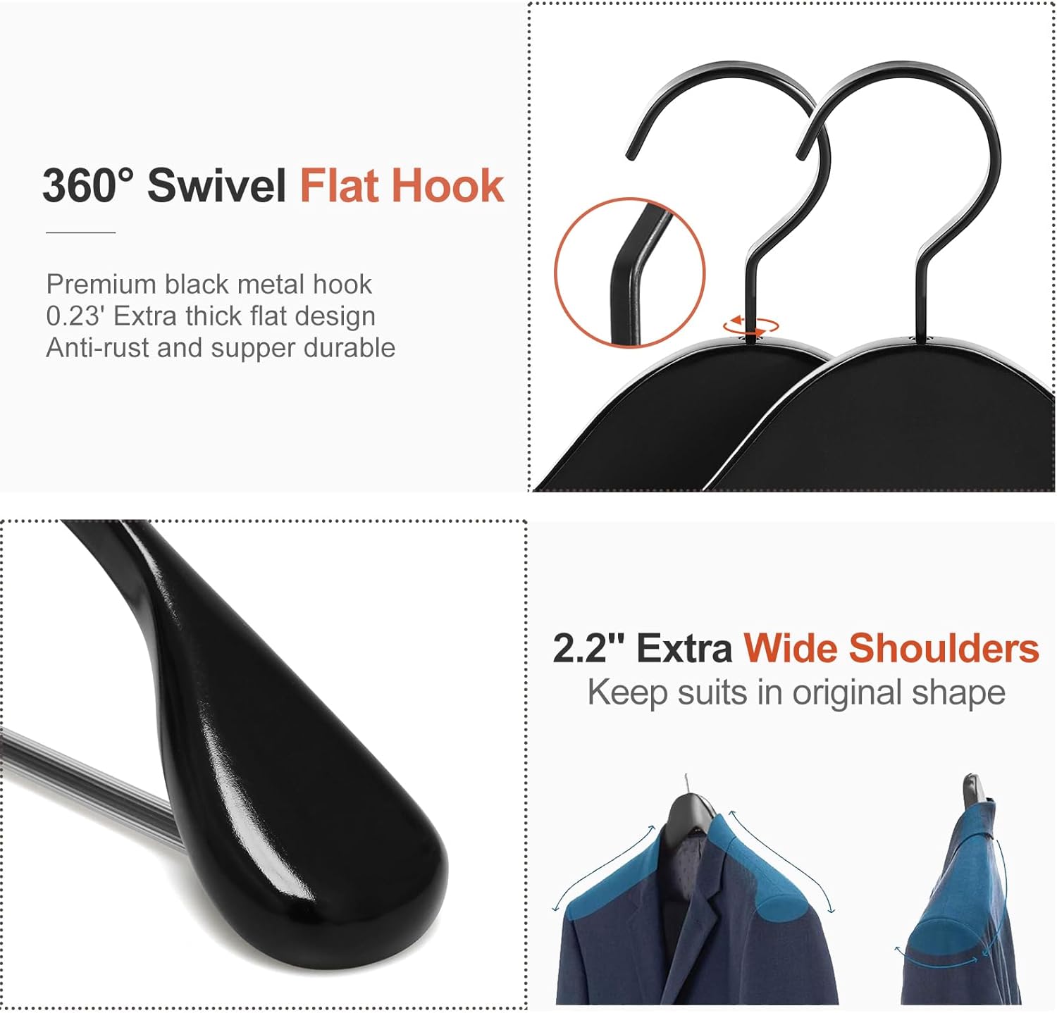 TOPIA HANGER Black Wooden Coat Hanger 6 Pack