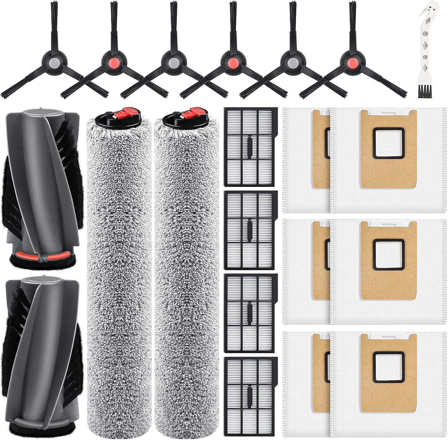 21 Pack Accessories Kit Compatible with eufy E28 Omni / E25 Omni Robot Vacuum, Replacement Parts include 1 Set(2) Main Brushes, 6 Dust Bags, 4 Filters, 2 Roller Mops, 6 Side Brushes, 1 Cleaning Tool