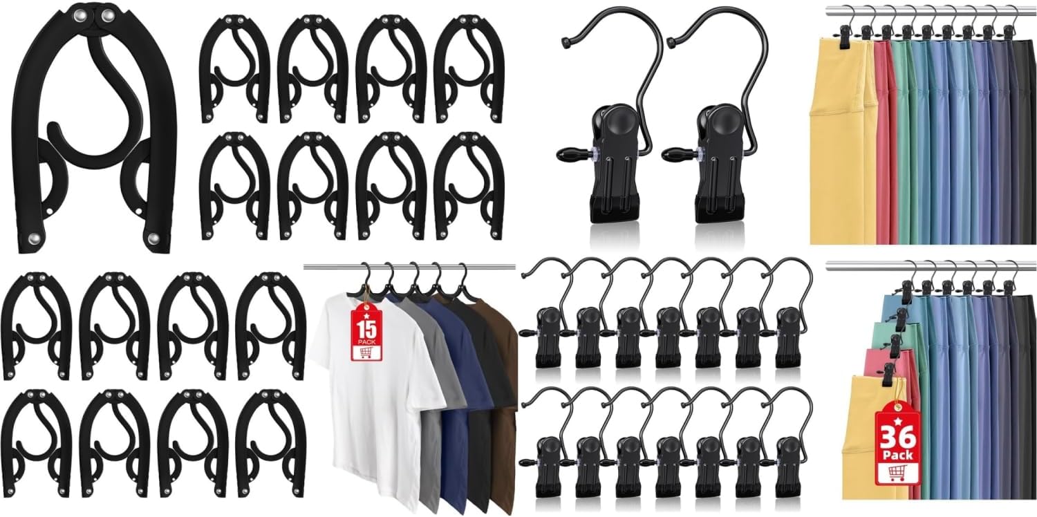 15 Pcs Travel Hangers Portable Foldable Travel Hanger Organizer and 36 Pack Boot Hangers Clips for Closet