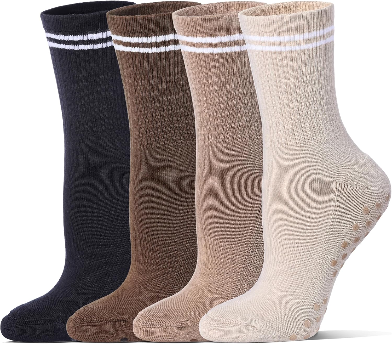 Pilates Grippy Socks for Women Striped Crew Cotton Chioned Non-Slip Yoga Barre Workout Socks 4 Pairs