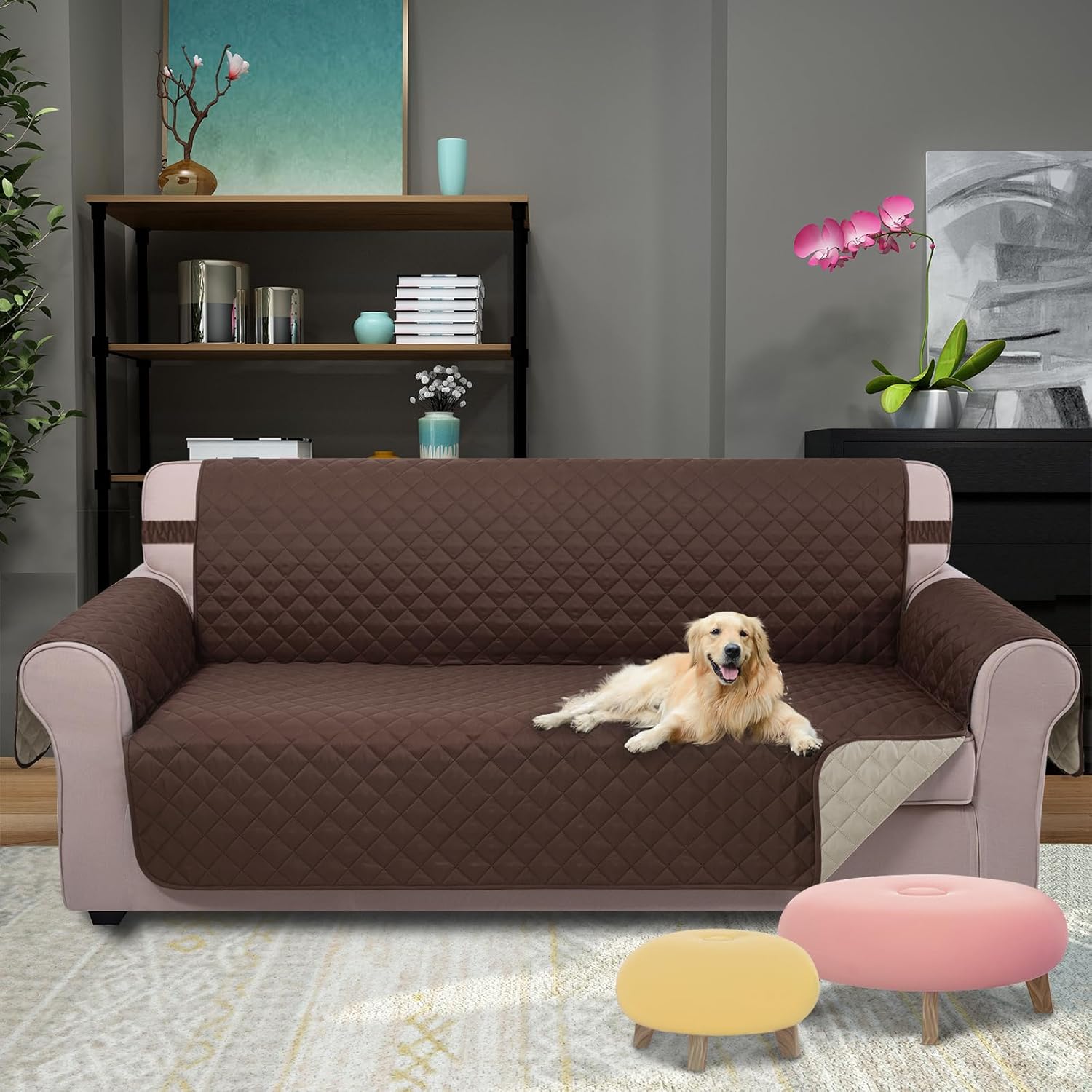 Reversible Sofa Cover Washable Couch Cover for Dogs Friendly with Elastic Straps Water Repellent Furniture Protector for 3 Chion Couch (Sofa