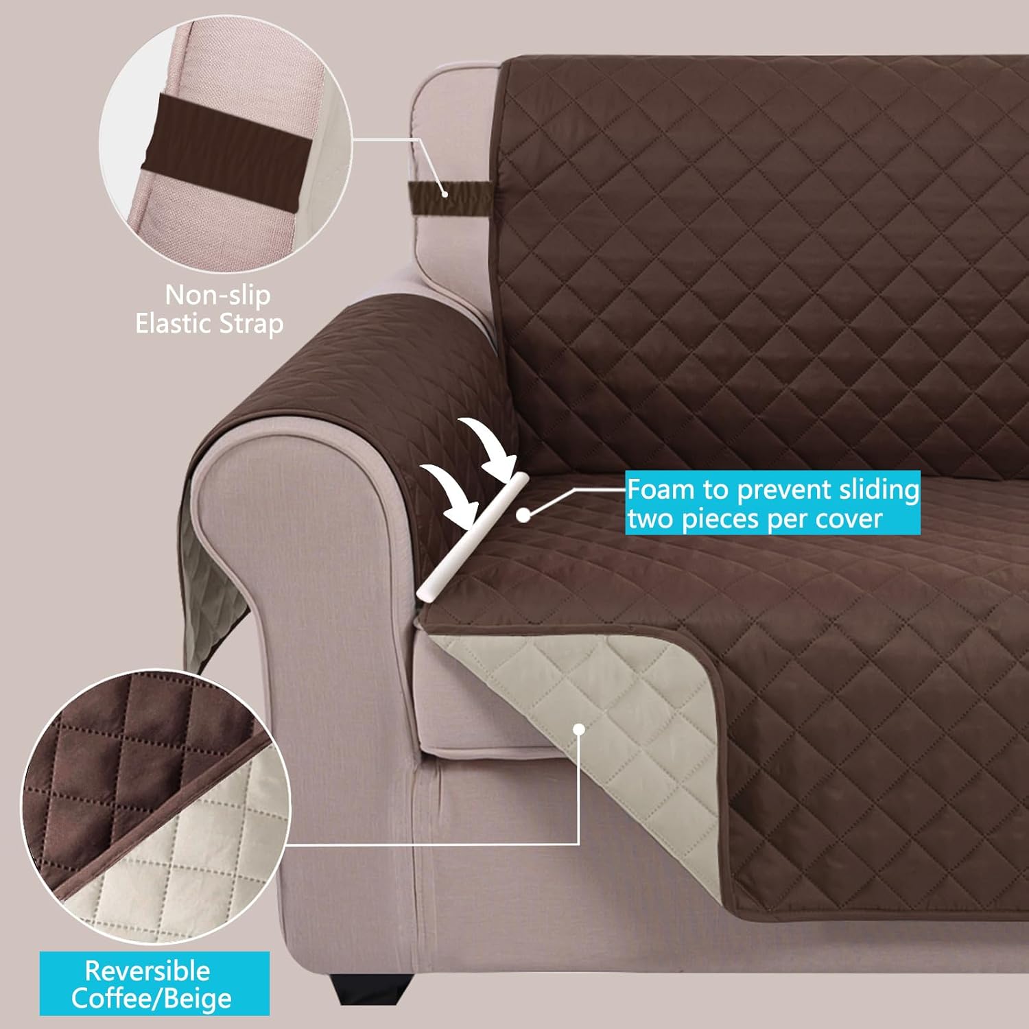 Reversible Sofa Cover Washable Couch Cover for Dogs Friendly with Elastic Straps Water Repellent Furniture Protector for 3 Chion Couch (Sofa