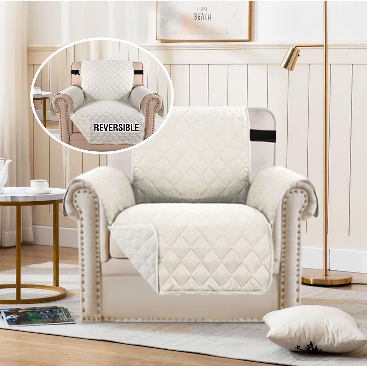 Chair Slipcover Reversible Chair Cover Water Resistant Couch Cover Washable Chair Cover Non-Slip Fabric Furniture Protector with Elastic Strap for Pets(Armchair