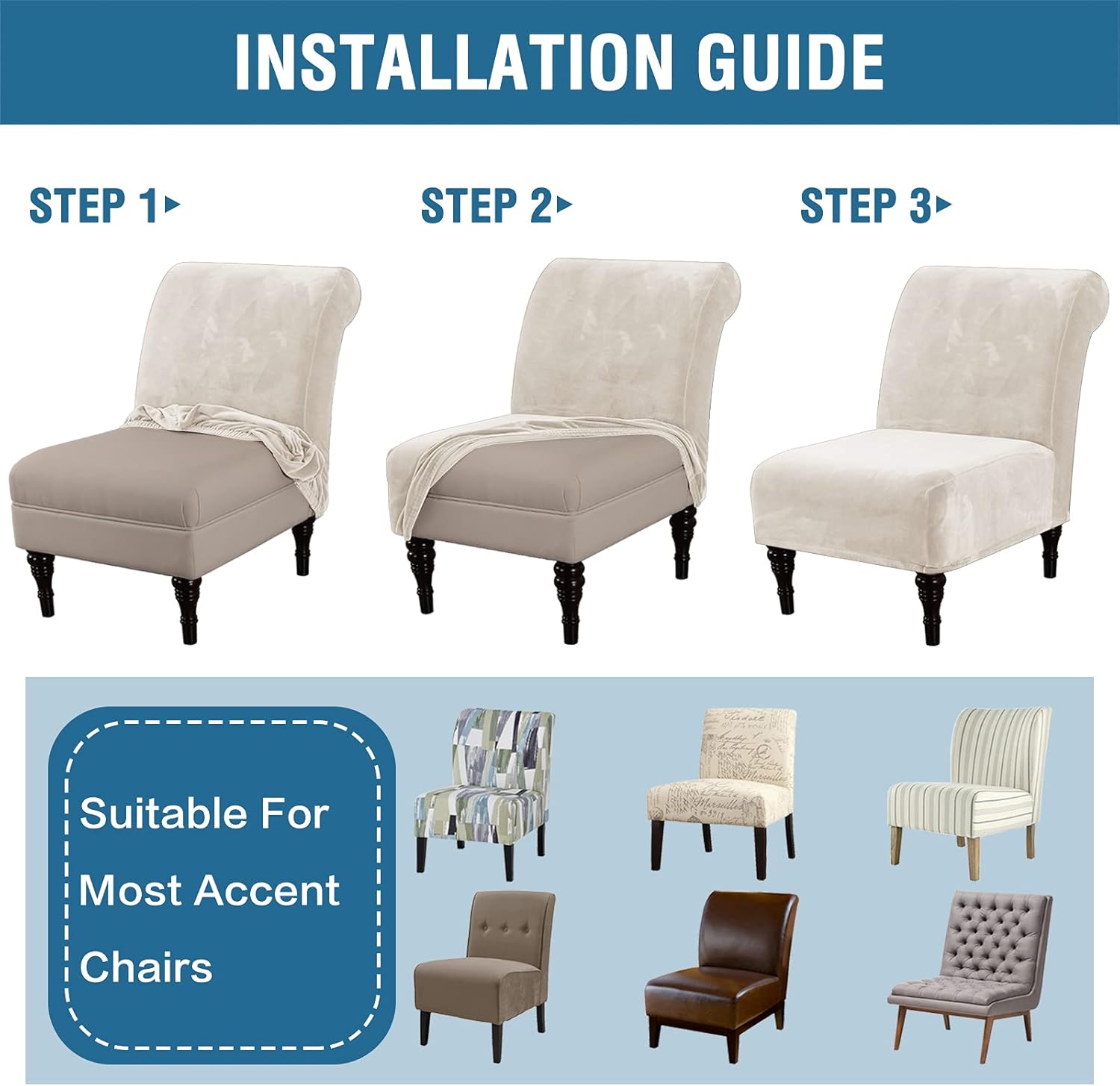 Armless Accent Chair Covers Thick Velvet Armless Chair Slipcovers High Stretch Chair Covers for Living Room Hotel Machine Washable Furniture Protector with Elastic Bottom