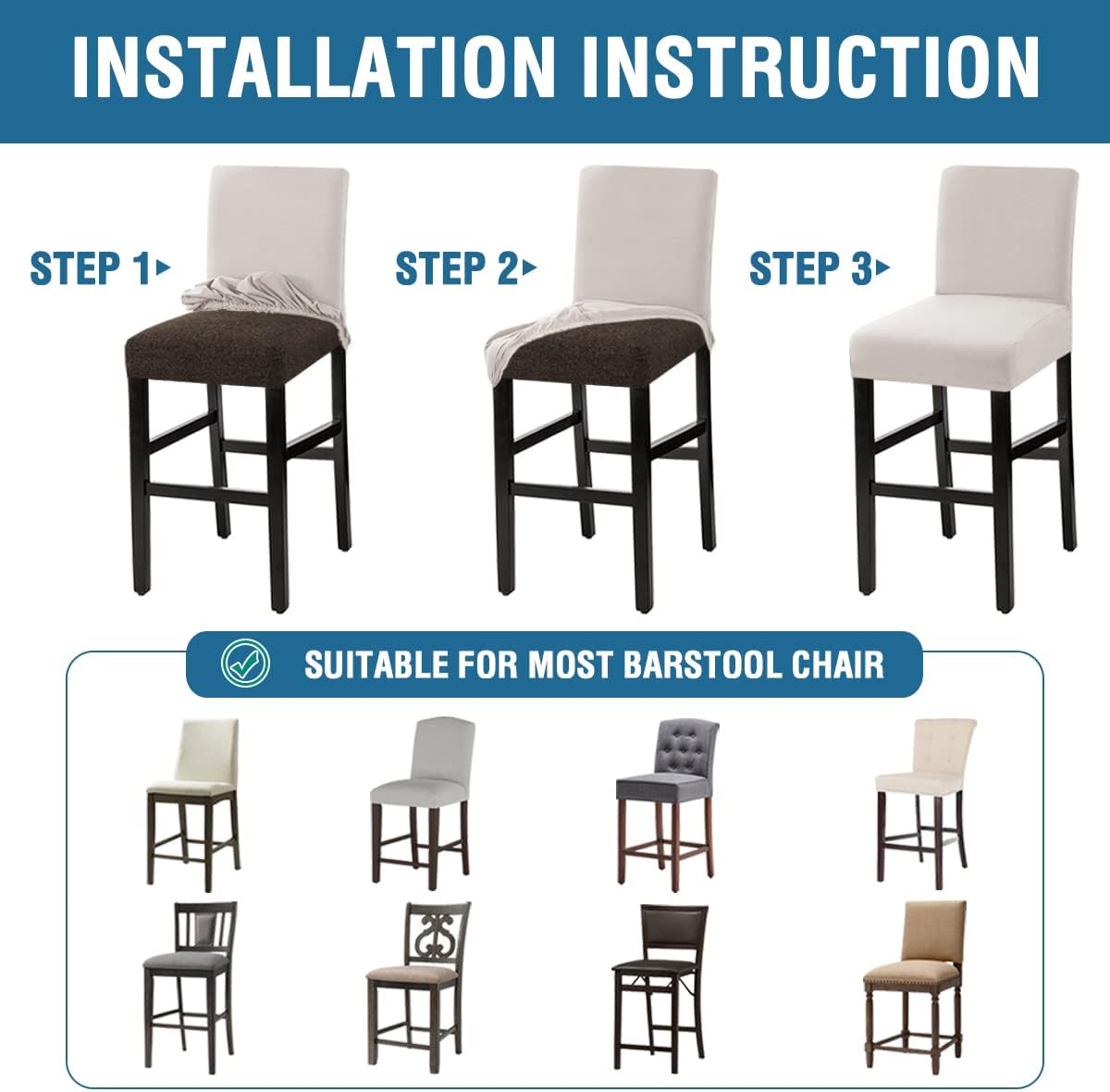 100% Waterproof Bar Stool Cover Stretch Counter Stool Pub Chair Slipcover for Dining Room Removable Soft Thick Solid Fleece Fabric Bar Stool Slipcovers Set of 4