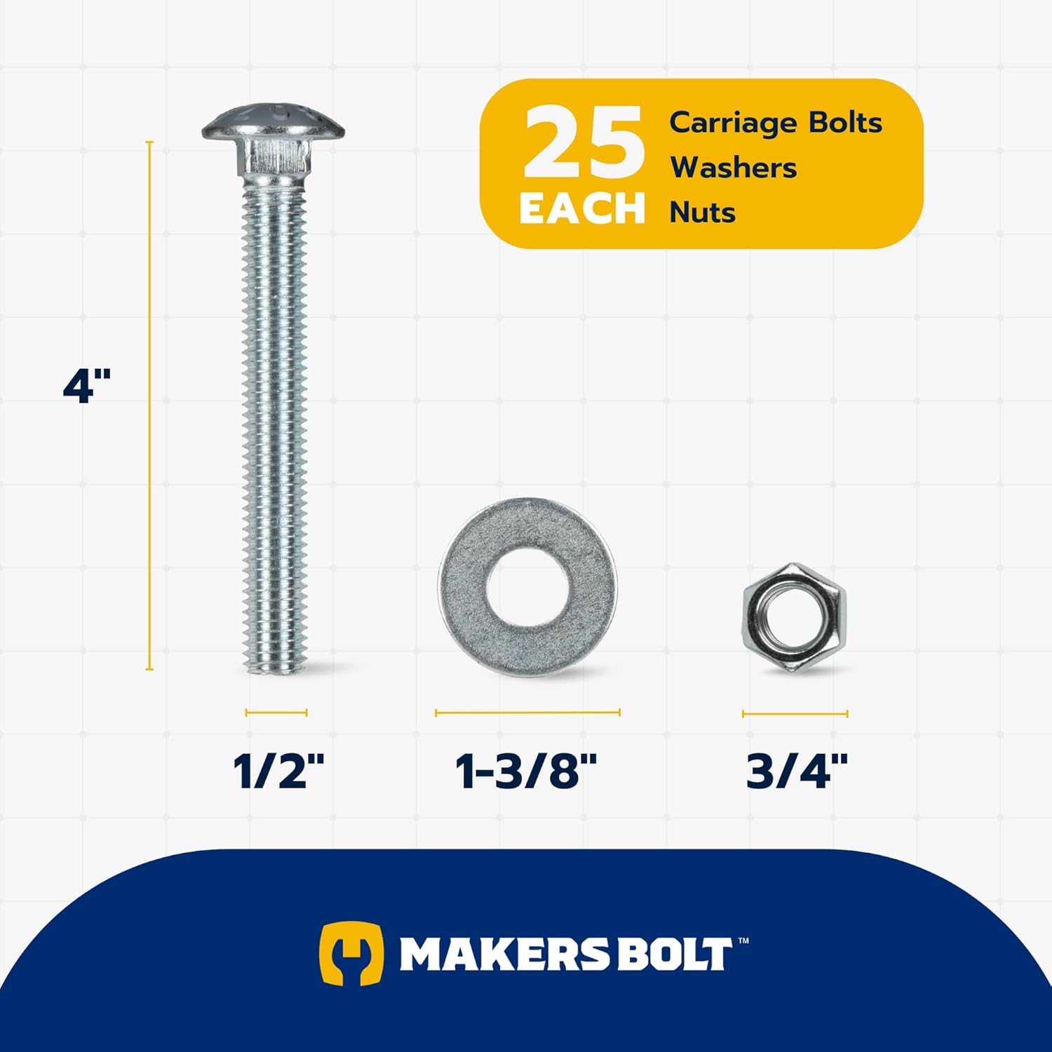 1/2" x 4" (25 Pack) Zinc Carriage Bolt Kit