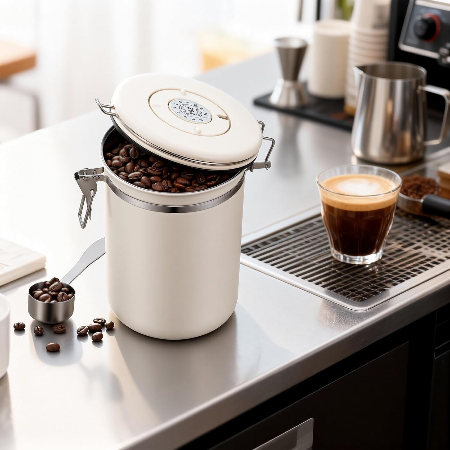 Stainless Steel Coffee Canister - 22OZ Airtight Coffee Bean Storage Grounds Container Holder with Date Tracker & Measuring Scoop