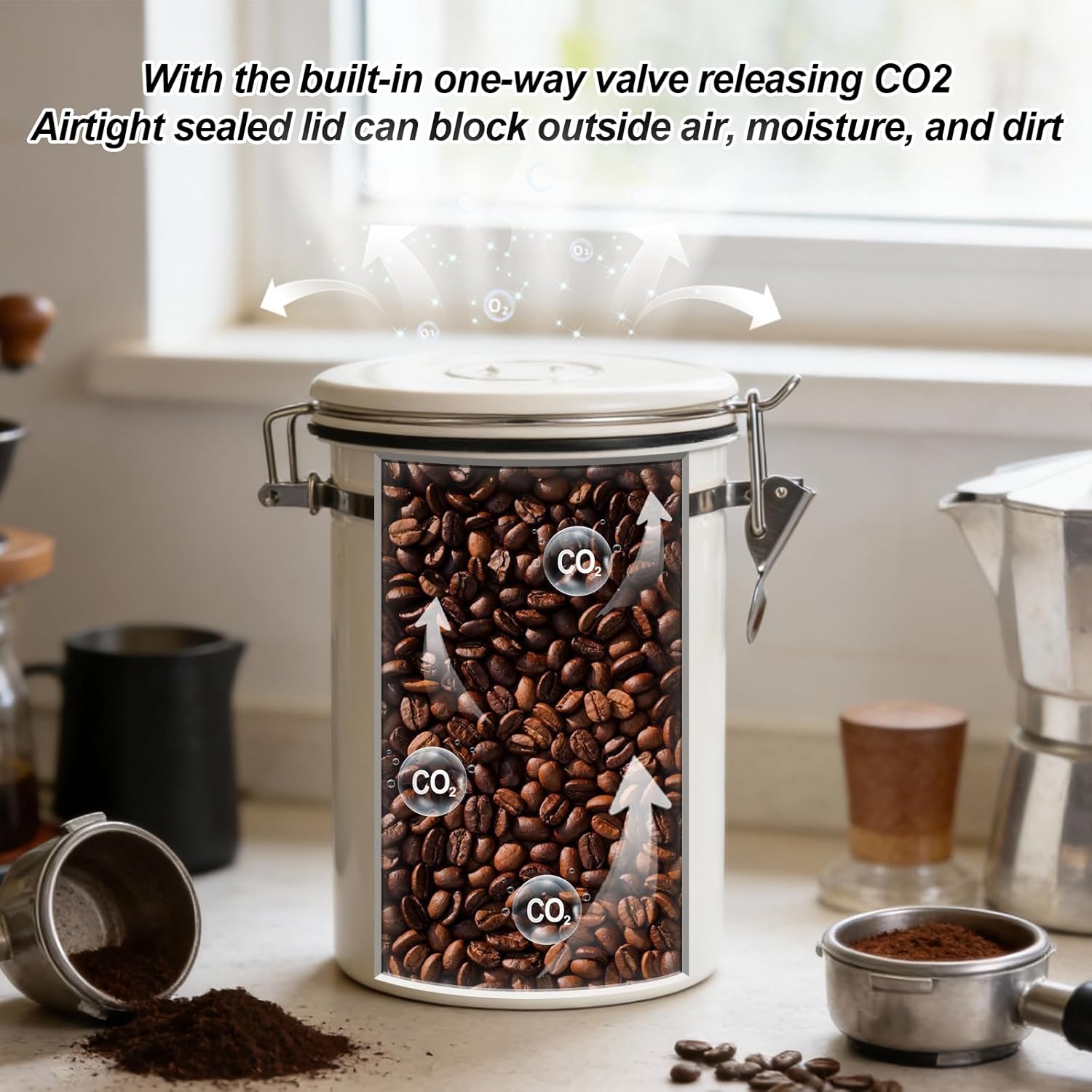 Stainless Steel Coffee Canister - 22OZ Airtight Coffee Bean Storage Grounds Container Holder with Date Tracker & Measuring Scoop