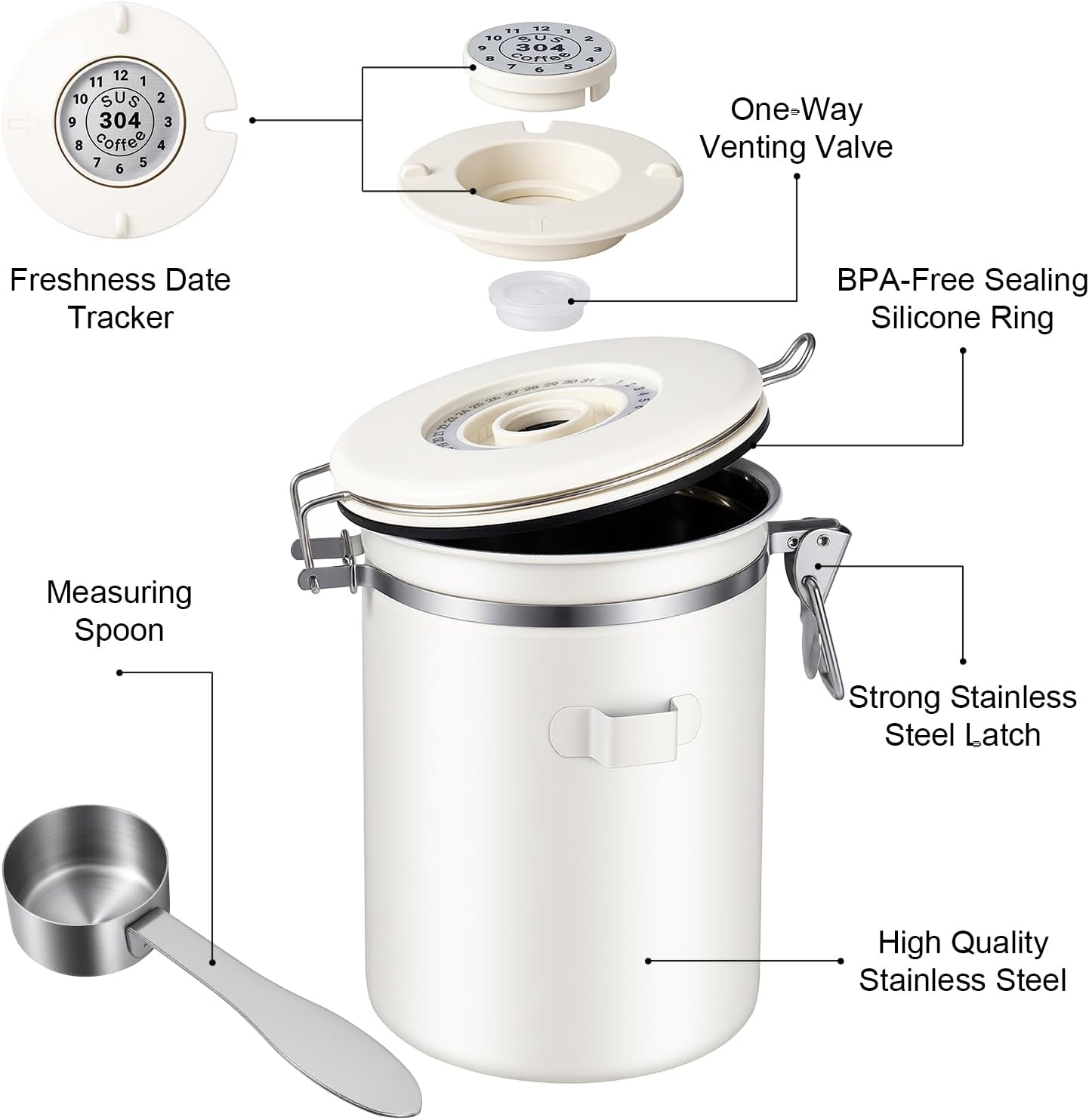 Stainless Steel Coffee Canister - 22OZ Airtight Coffee Bean Storage Grounds Container Holder with Date Tracker & Measuring Scoop