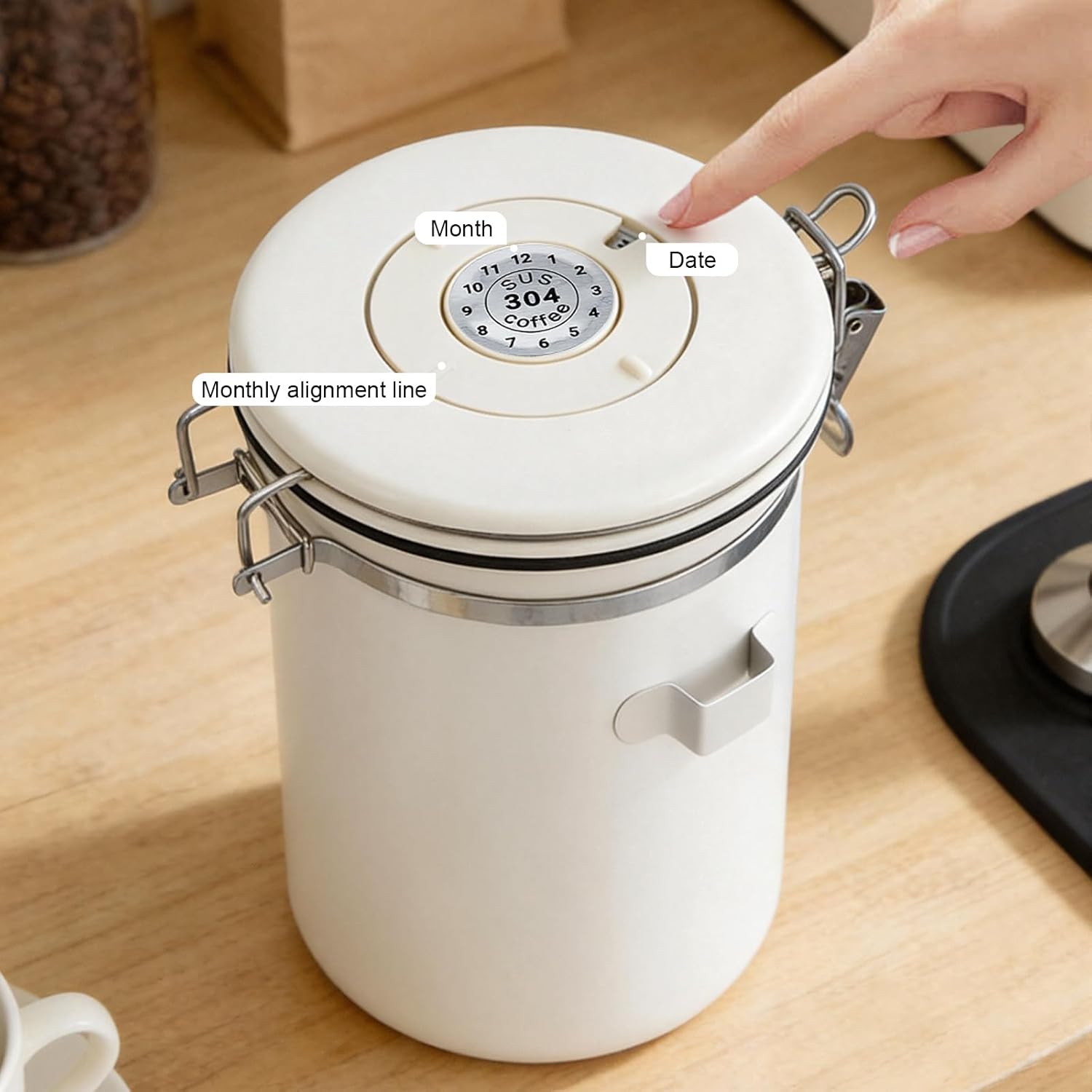 Stainless Steel Coffee Canister - 22OZ Airtight Coffee Bean Storage Grounds Container Holder with Date Tracker & Measuring Scoop