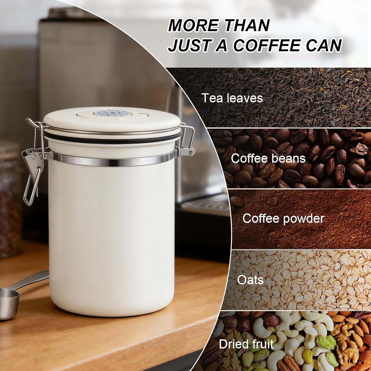 Stainless Steel Coffee Canister - 22OZ Airtight Coffee Bean Storage Grounds Container Holder with Date Tracker & Measuring Scoop