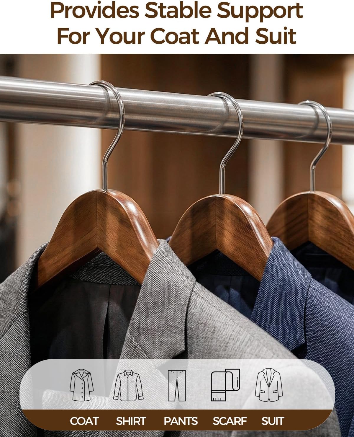Premium Wooden Hangers 6-Pack – Wide Shoulder Non-Slip Design for Coats