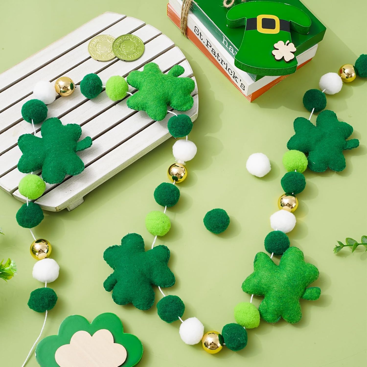 8.2 Ft St. Patrick%27s Day Felt Banner 3D Lucky Shamrock Clover with Gold Bead Hanging Garland Green White Pom Ball Banner for Irish Holiday Home Wall Fireplace Decor