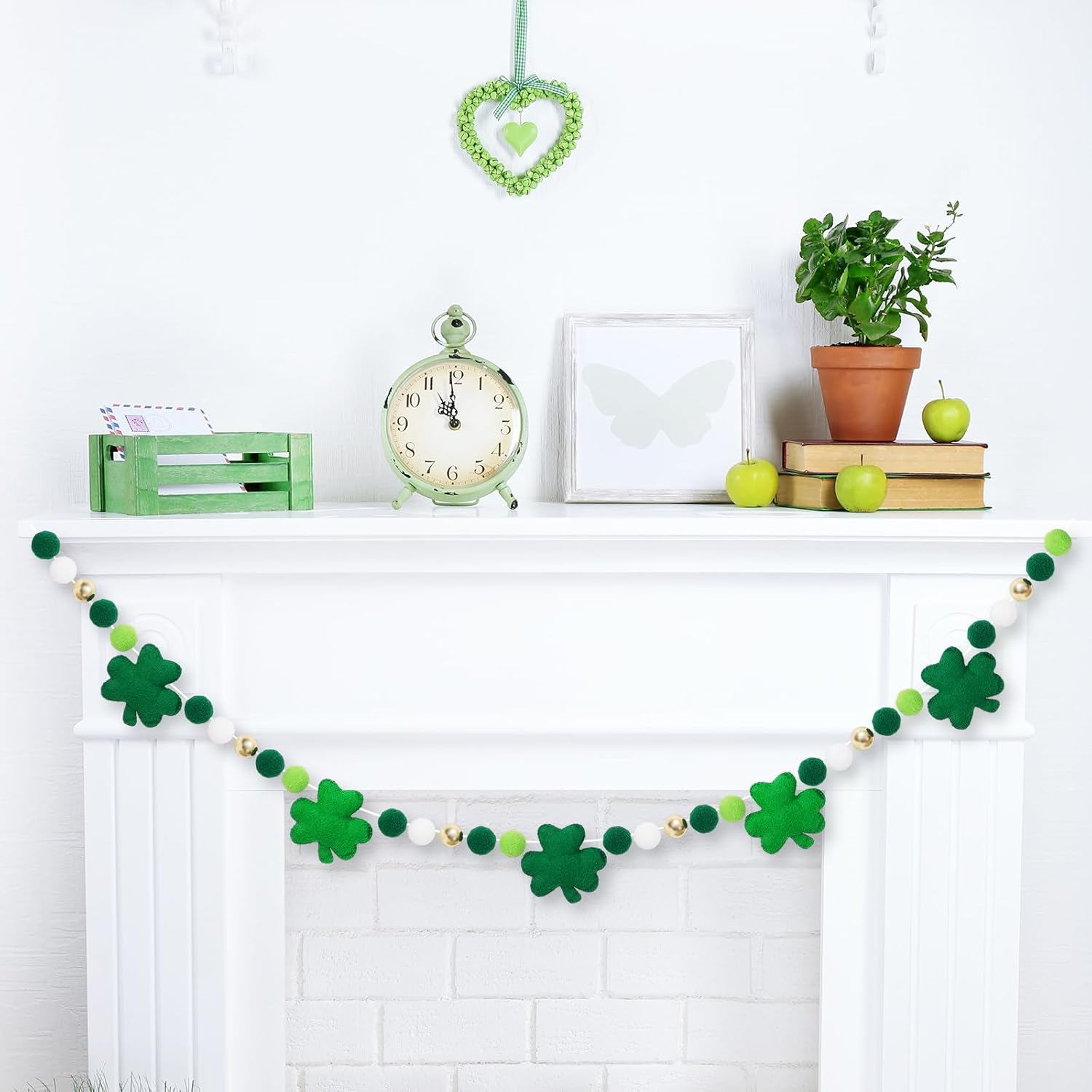 8.2 Ft St. Patrick%27s Day Felt Banner 3D Lucky Shamrock Clover with Gold Bead Hanging Garland Green White Pom Ball Banner for Irish Holiday Home Wall Fireplace Decor