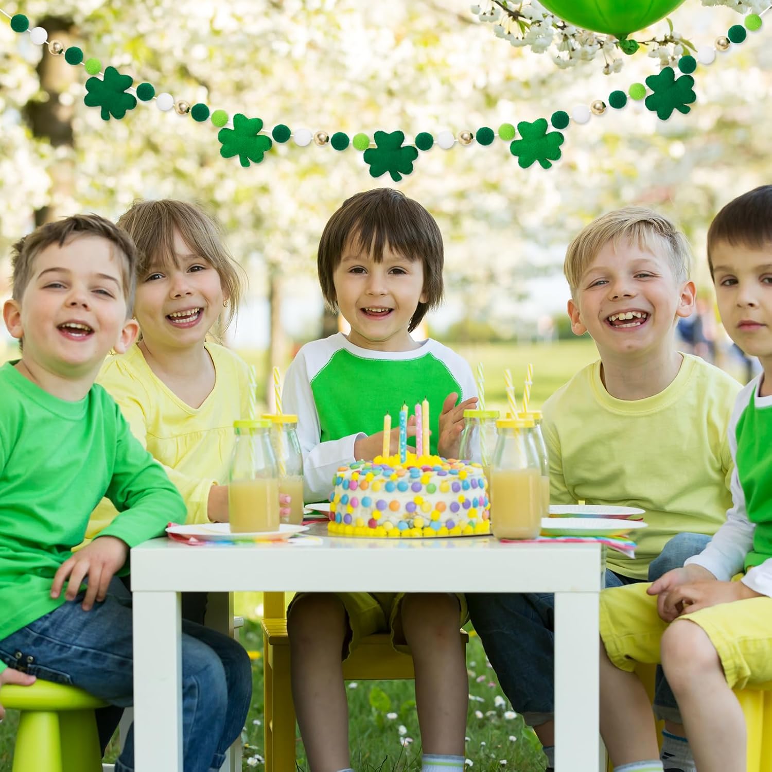 8.2 Ft St. Patrick%27s Day Felt Banner 3D Lucky Shamrock Clover with Gold Bead Hanging Garland Green White Pom Ball Banner for Irish Holiday Home Wall Fireplace Decor