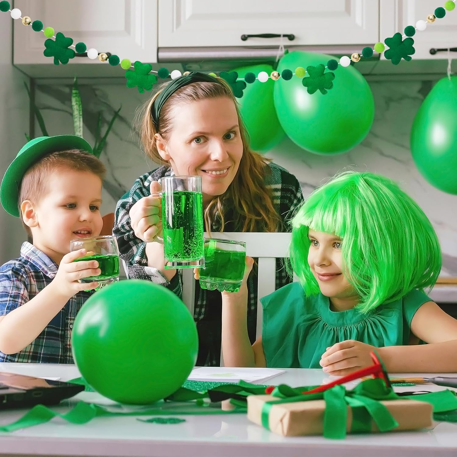 8.2 Ft St. Patrick%27s Day Felt Banner 3D Lucky Shamrock Clover with Gold Bead Hanging Garland Green White Pom Ball Banner for Irish Holiday Home Wall Fireplace Decor