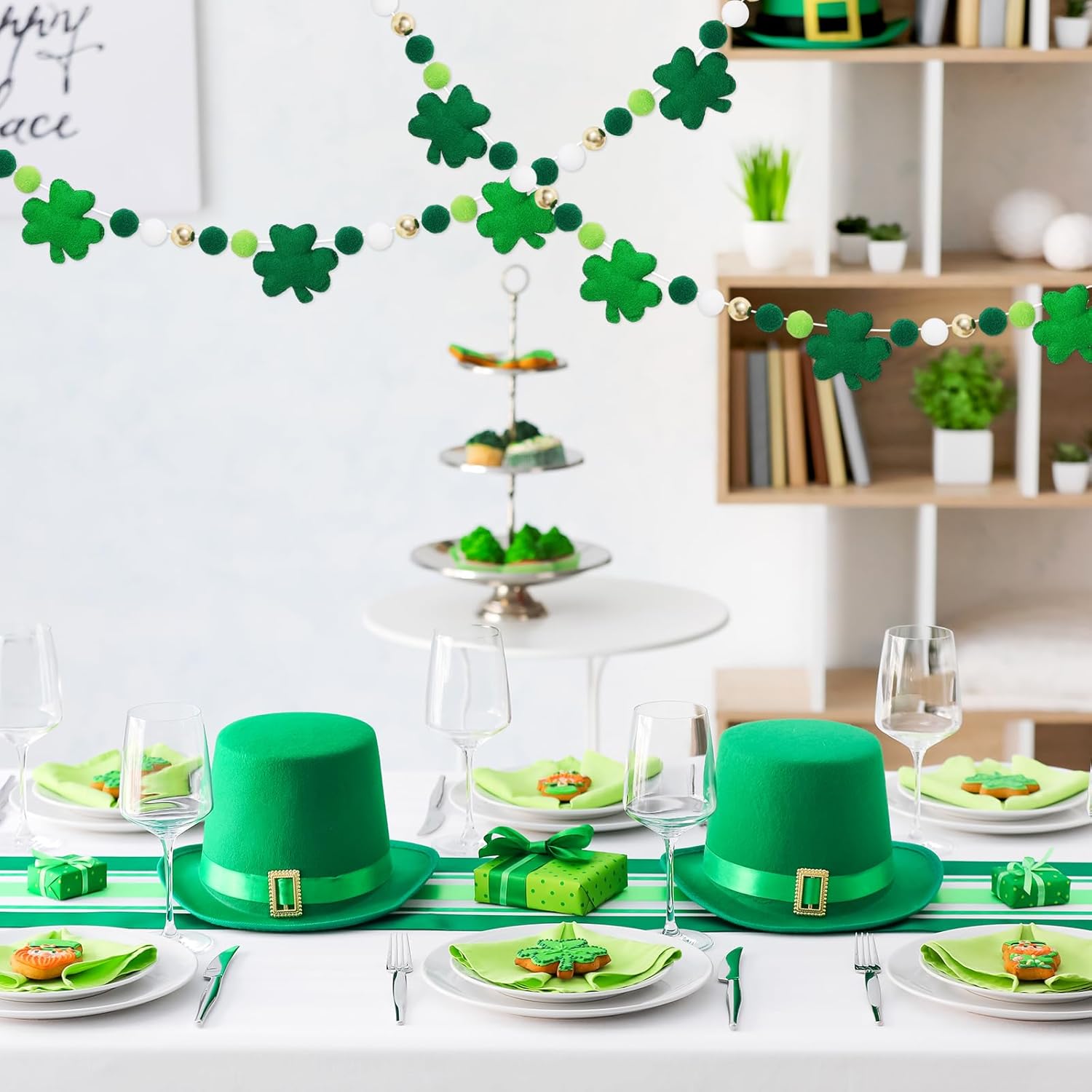 8.2 Ft St. Patrick%27s Day Felt Banner 3D Lucky Shamrock Clover with Gold Bead Hanging Garland Green White Pom Ball Banner for Irish Holiday Home Wall Fireplace Decor