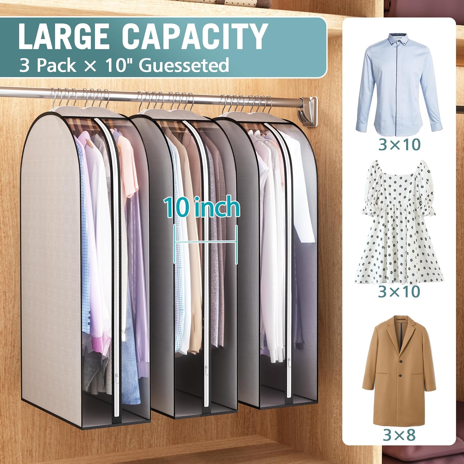 10" Gusseted Garment Bags for Hanging Clothes 40" Suit Bags for Open Closet Storage