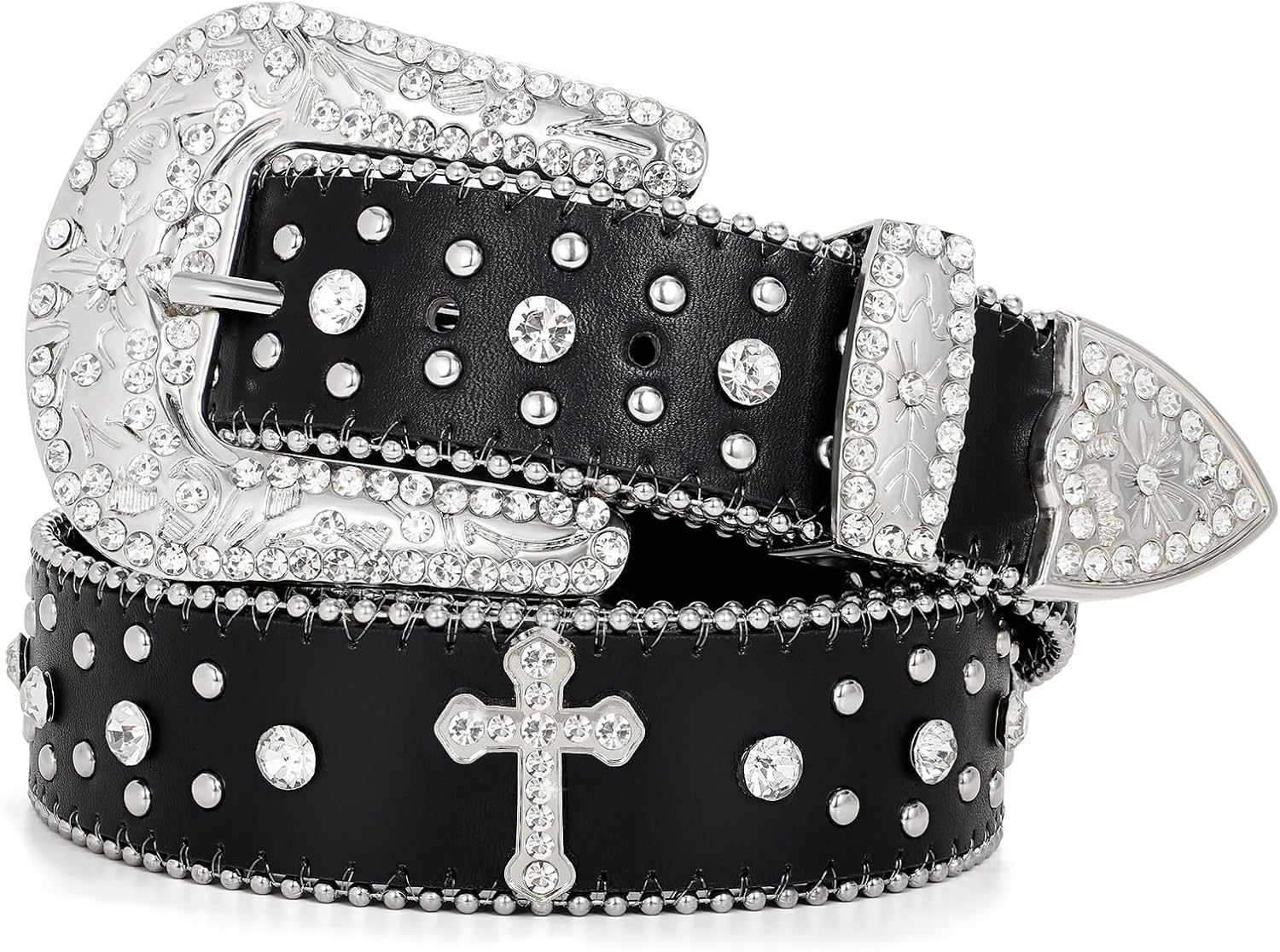 Rhinestone Belt for Men Women, Western Cowboy Cowgirl Belts Bling Leather Belt With Cross and Diamond for Jeans
