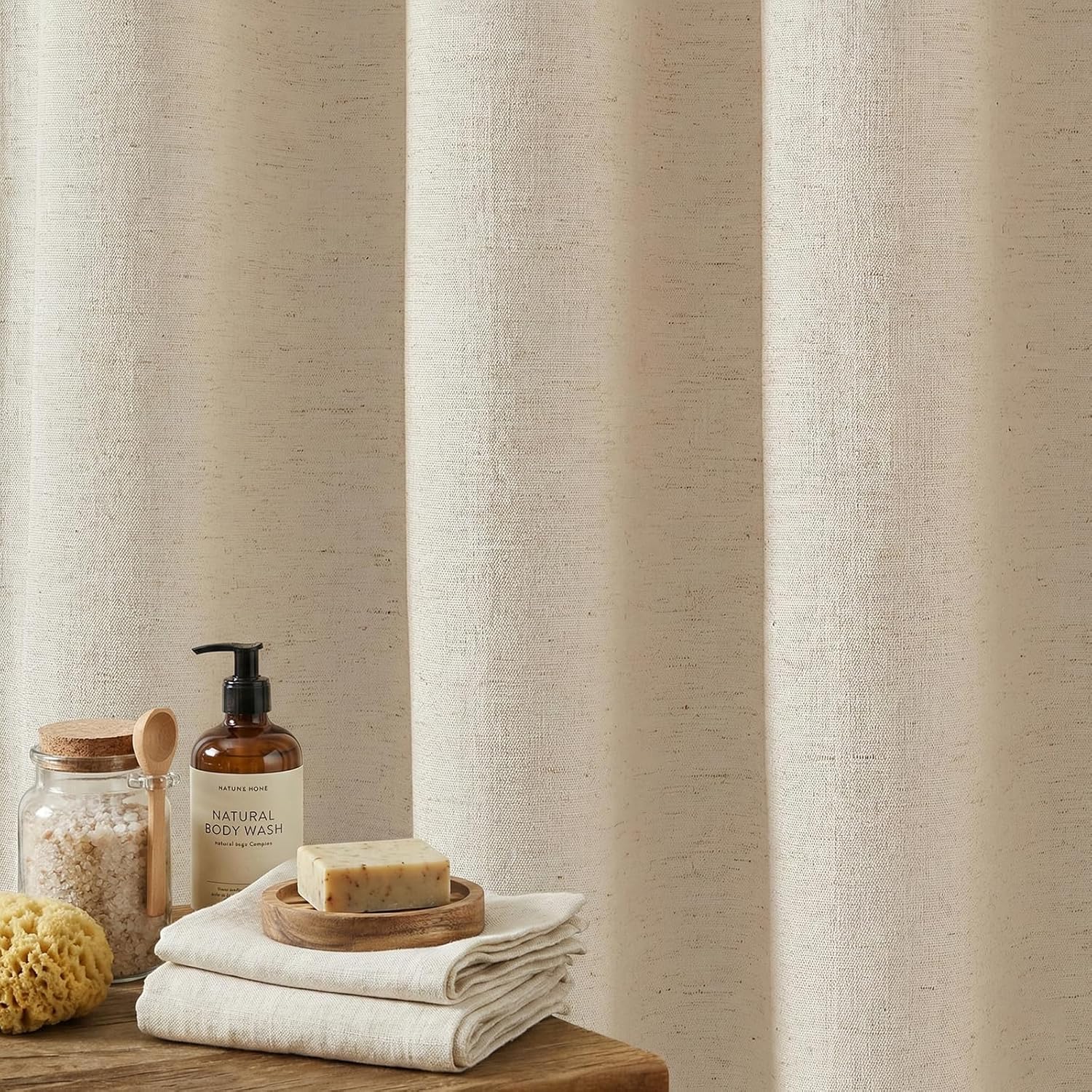 Linen Shower Curtain Fabric Boho Beige Shower Curtain Neutral Linen Shower Curtains for Bathroom Vintage Farmhouse Bathroom Decor (72x72 Inch)