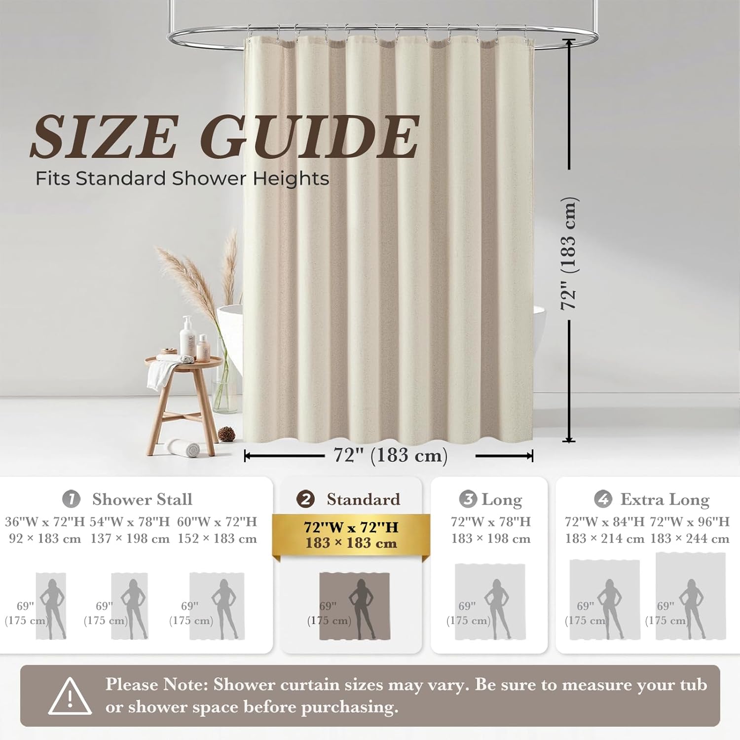 Linen Shower Curtain Fabric Boho Beige Shower Curtain Neutral Linen Shower Curtains for Bathroom Vintage Farmhouse Bathroom Decor (72x72 Inch)