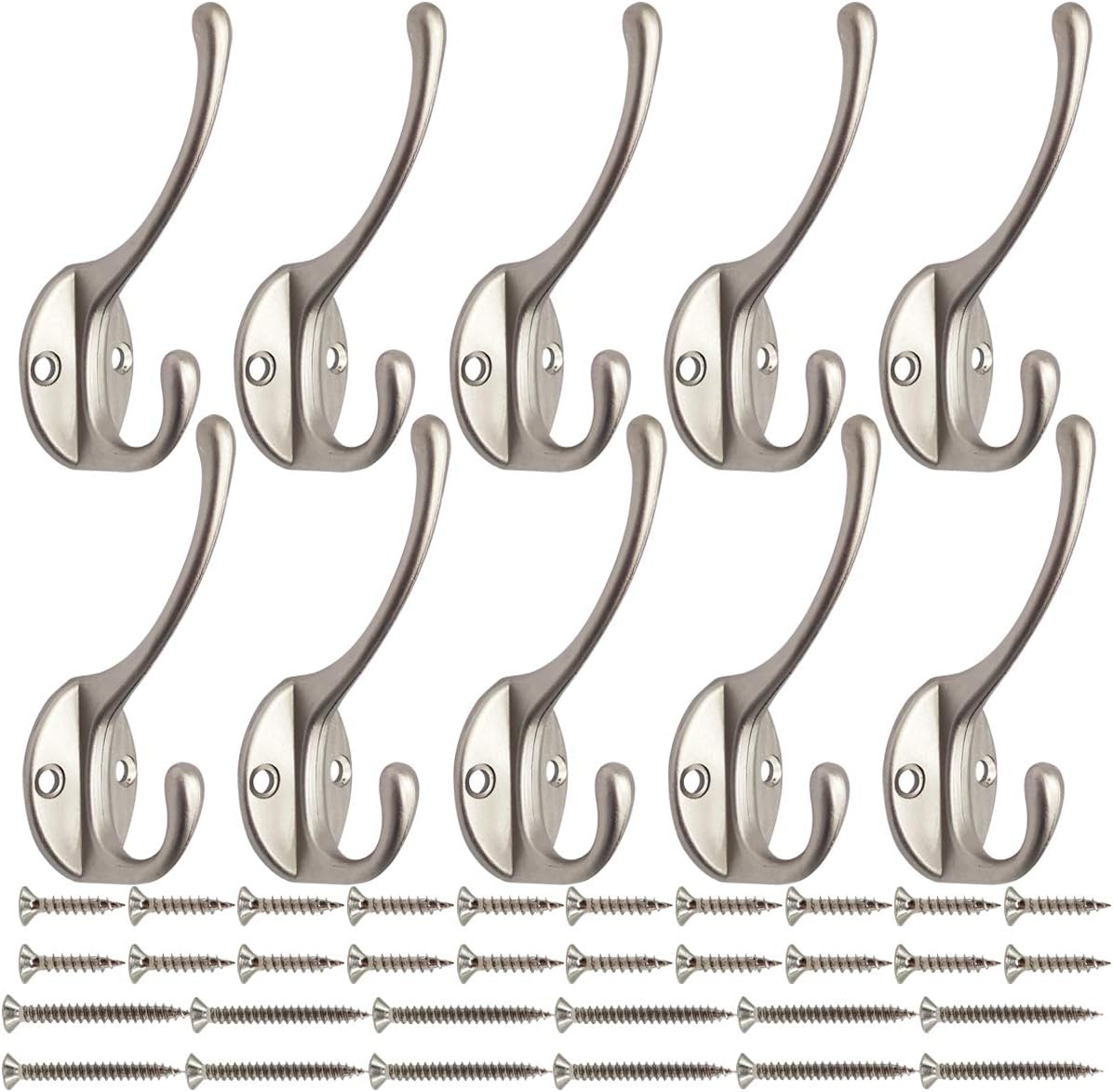 10 Pack Dual Coat Hooks Wall Mounted with 40 Screws Retro Double Hooks Utility Silvery Hooks for Coat