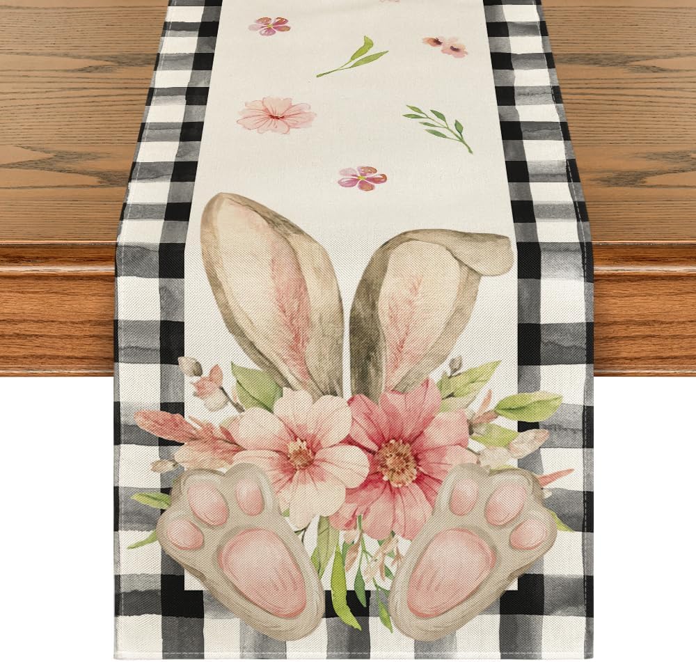 Buffalo Plaid Bunny Ear Foot Flower Easter Table Runner Buffalo Plaid Bunny Ear Foot Flower Easter Table Runner