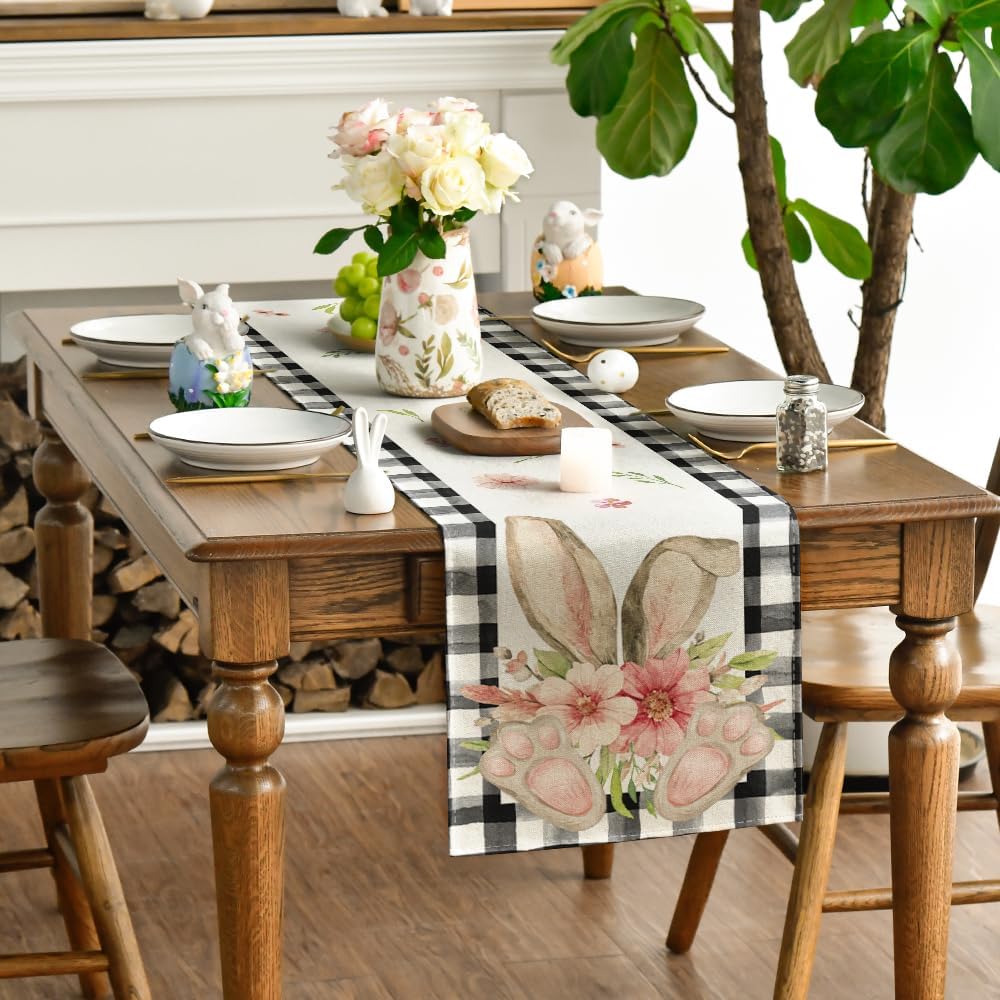 Buffalo Plaid Bunny Ear Foot Flower Easter Table Runner
