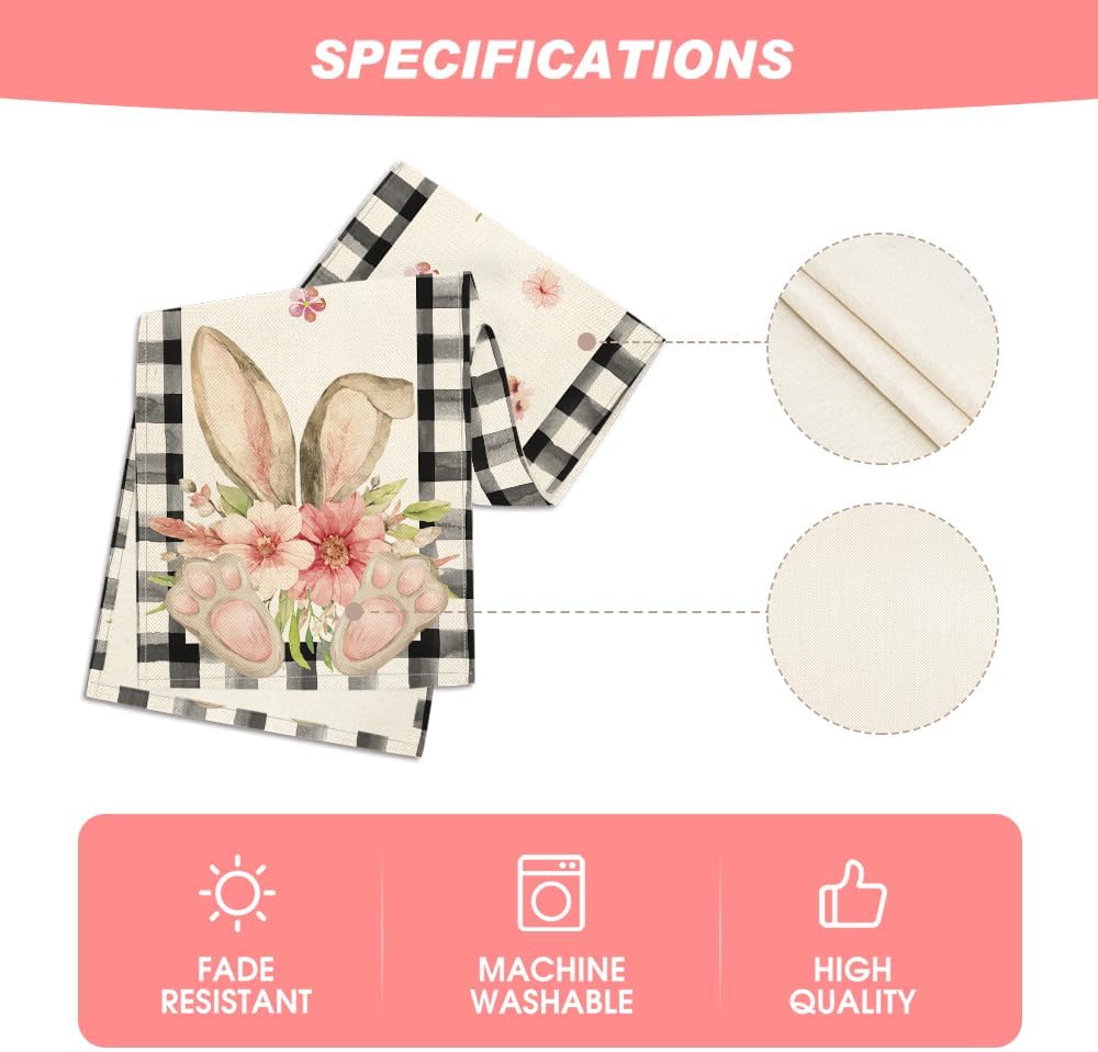 Buffalo Plaid Bunny Ear Foot Flower Easter Table Runner