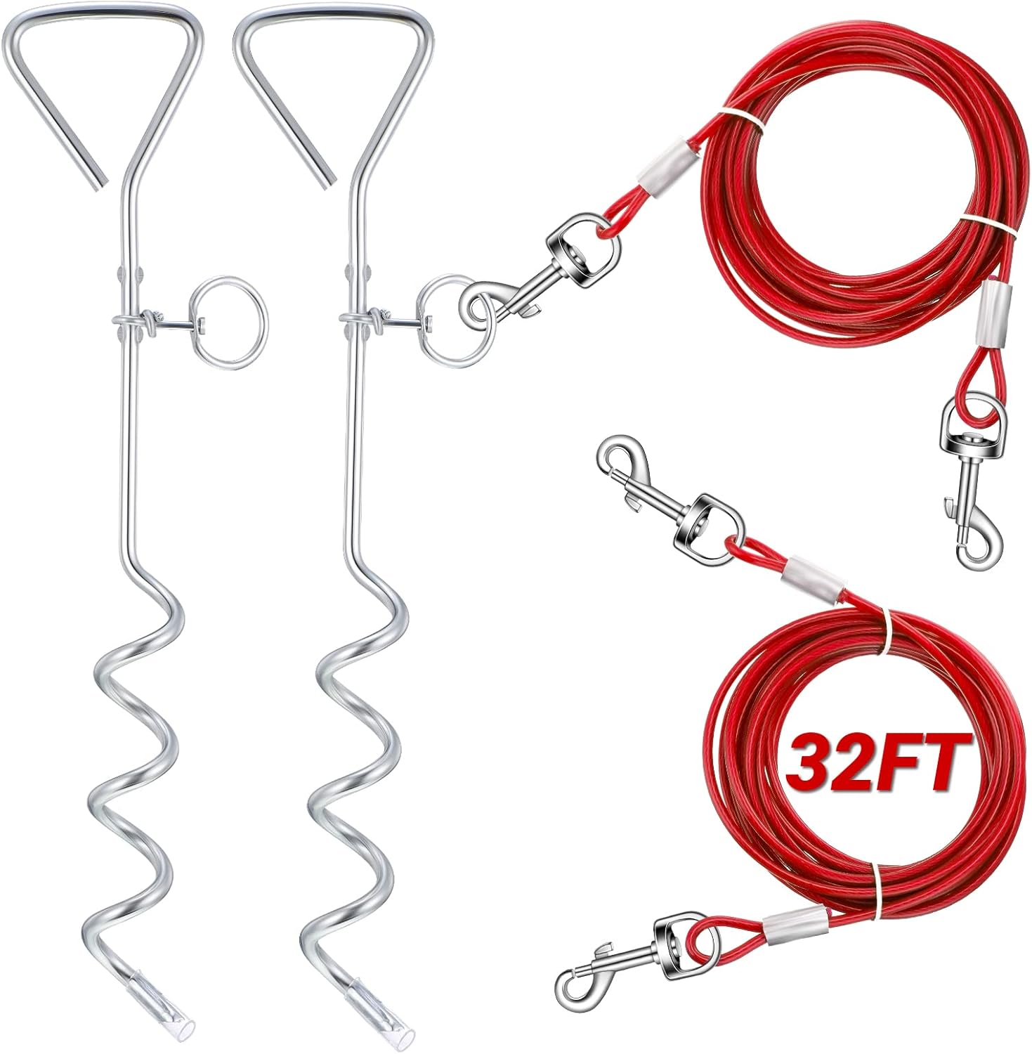 2 Set Dog Tie Out Cable and Stake - 30ft Leash Chain